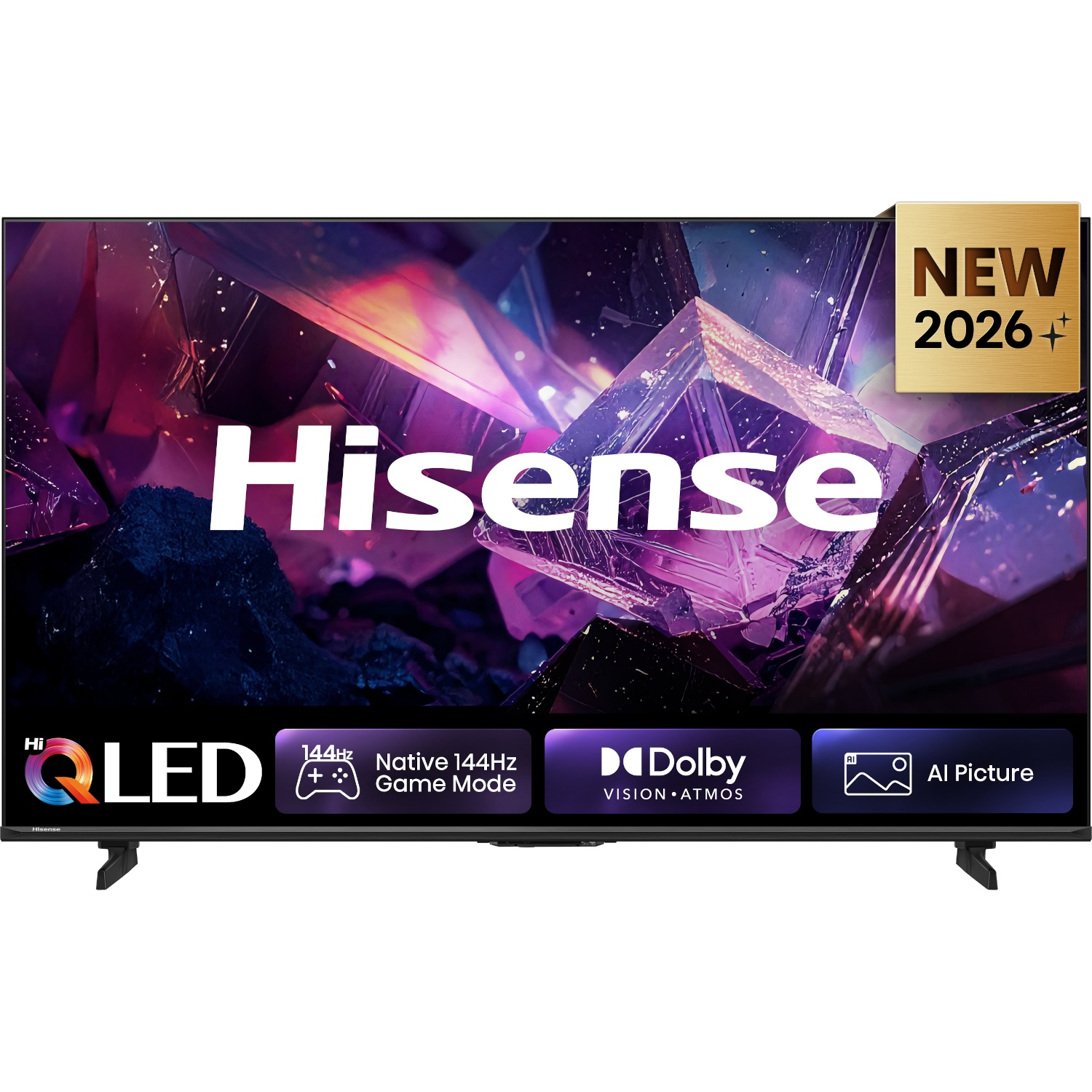 Hisense QLED TV met abstracte paarse kristalgraphics, functielogo's en een Nieuw 2026 label.