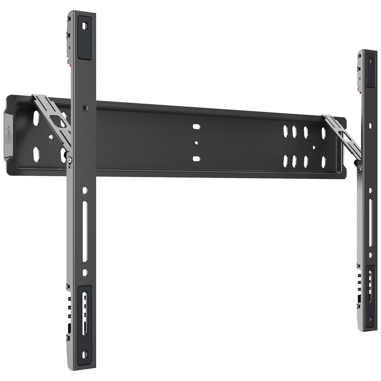 Een zwarte metalen tv-wandsteun met een horizontale basis en twee verticale rails tegen een witte achtergrond.