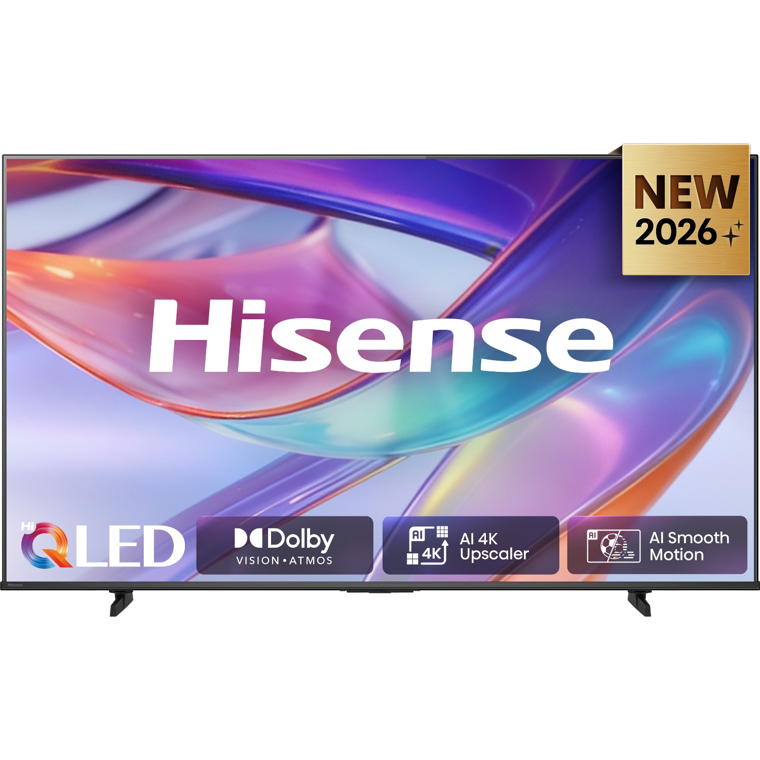 Hisense QLED TV displaying colorful abstract graphics, Dolby Vision, AI 4K Upscaler, and AI Smooth Motion badges.