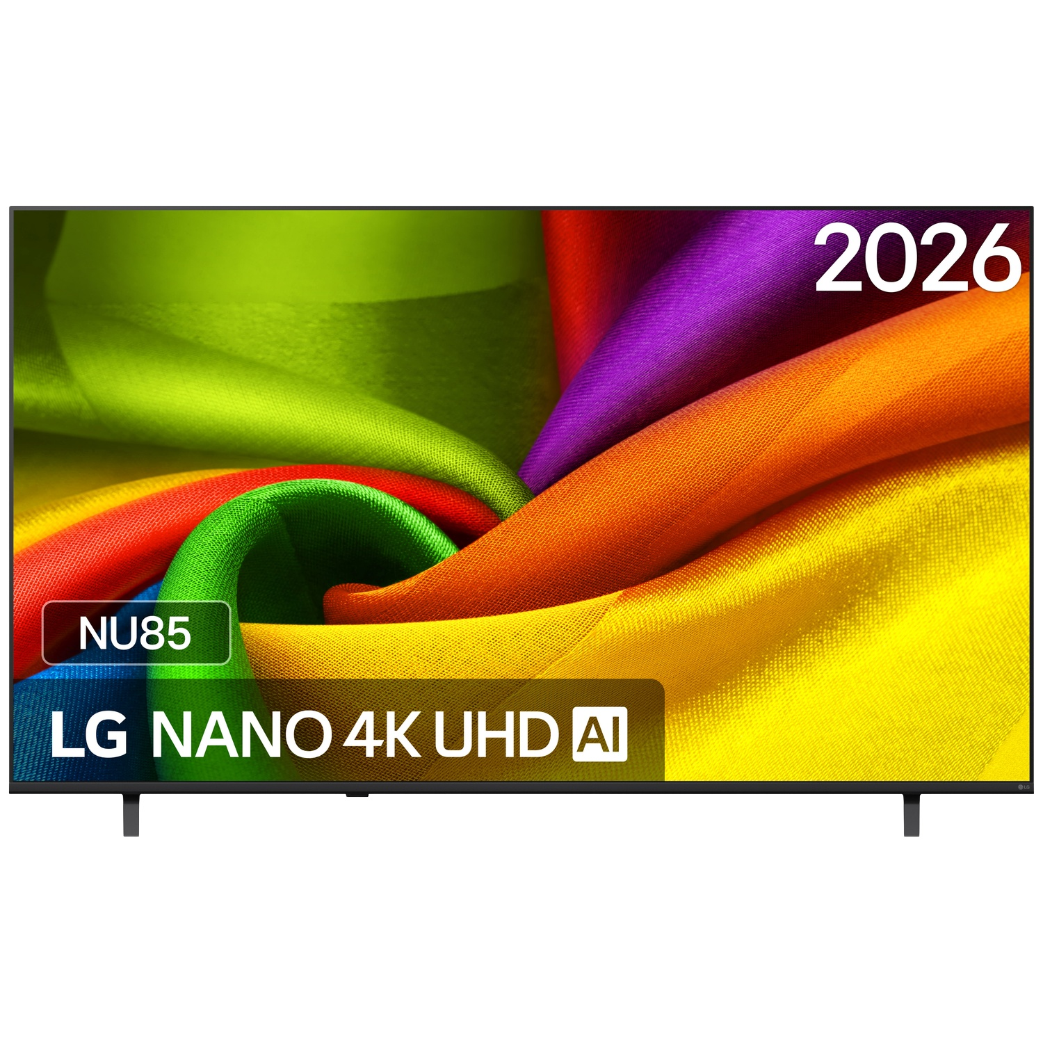 LG Nano 4K UHD AI tv met kleurrijke stof op het scherm en tekst NU85 en 2026.