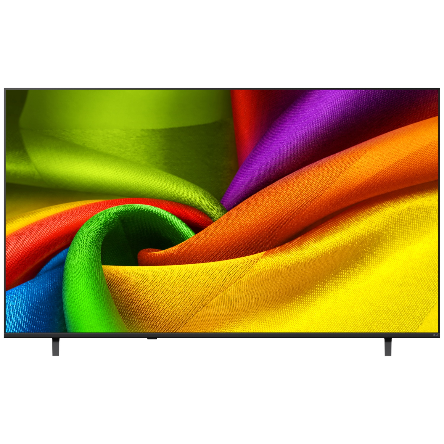 Een flatscreen-tv met een kleurrijk stoffen patroon op het scherm tegen een witte achtergrond.