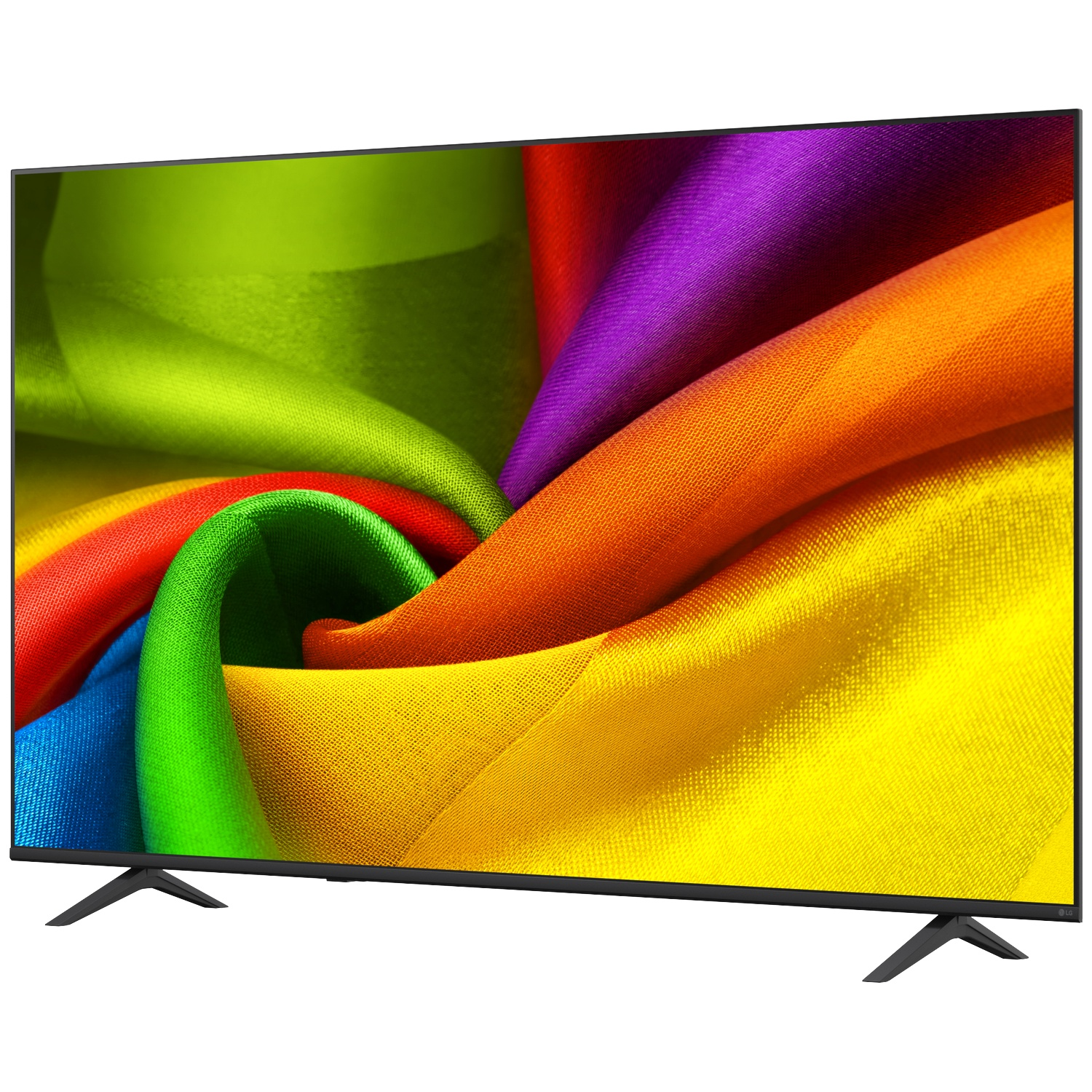 Een flatscreen-tv met zwarte rand toont een kleurrijk, abstract stofpatroon op het scherm.