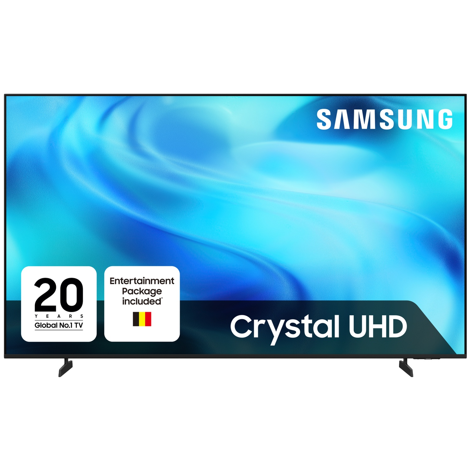 Samsung Crystal UHD-tv met blauw scherm, 20 jaar logo en entertainmentpakket.