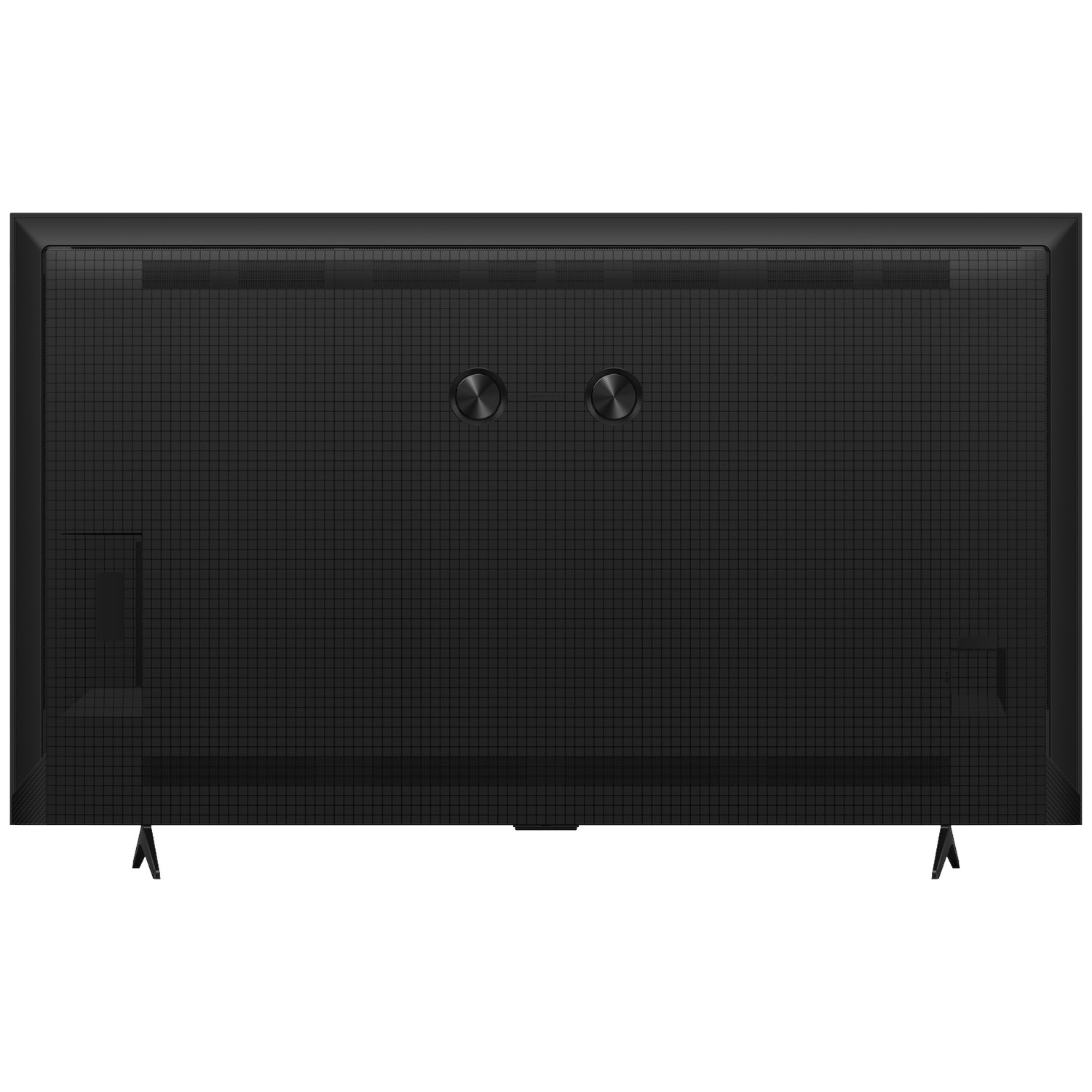 De zwarte achterkant van een televisie toont ventilatiesleuven, twee grote ronde poorten en steunpoten.