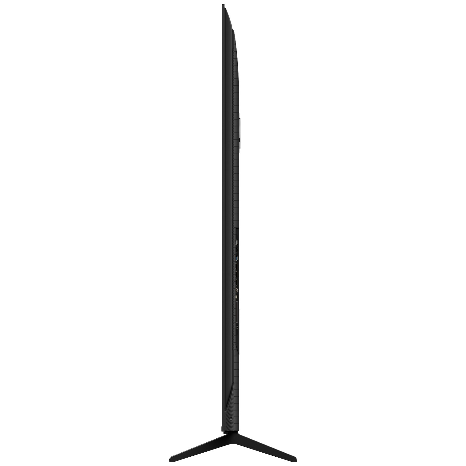 Zijaanzicht van een slanke zwarte televisie met standaard tegen een witte achtergrond.
