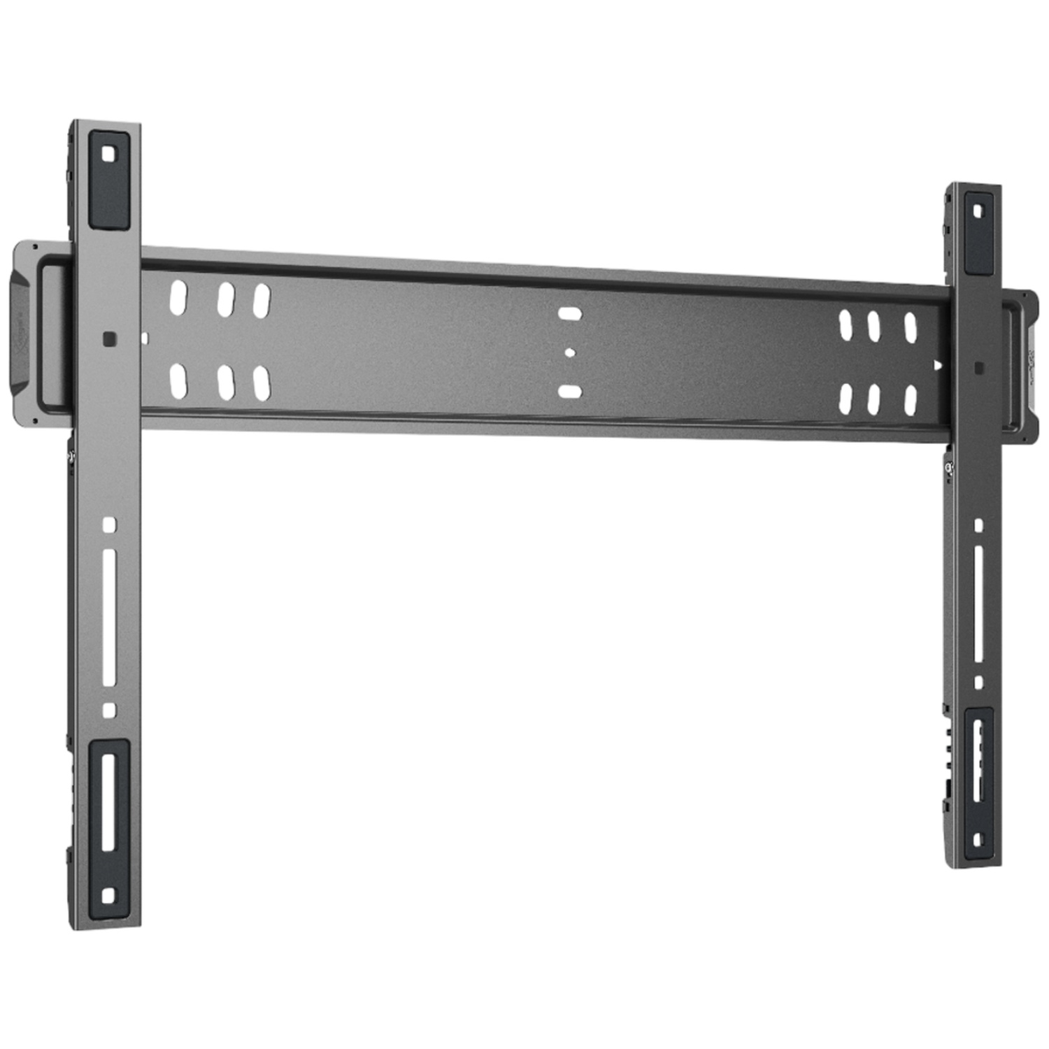 Grijs metalen tv-wandbeugel met een horizontale rail en twee verticale armen op een witte achtergrond.