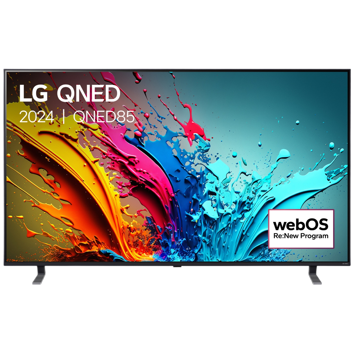 LG QNED 2024 TV displaying vibrant abstract paint splashes in yellow, pink, blue, and red.