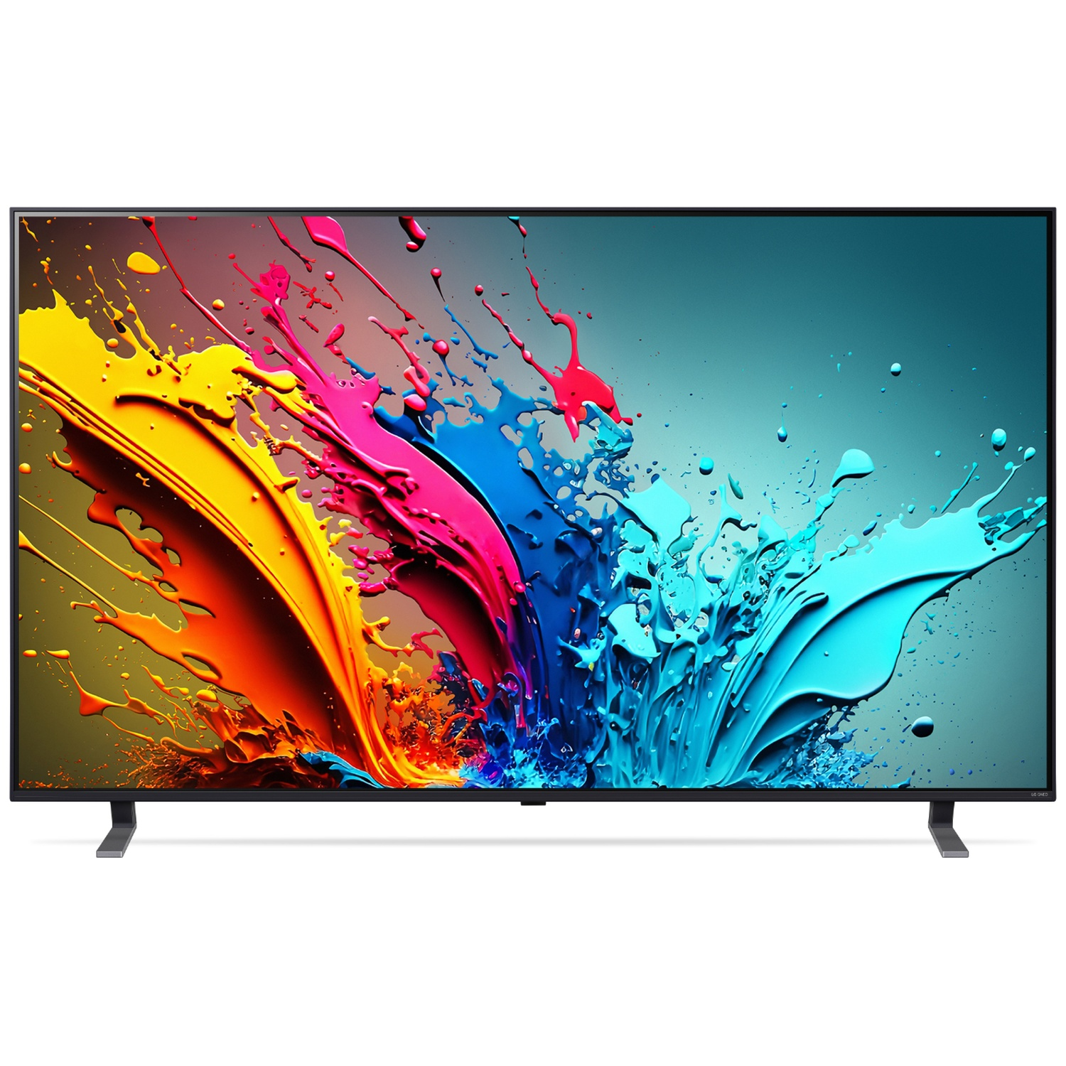 A TV displays vibrant, flowing color splashes in yellow, pink, and blue against a dark background on its screen.