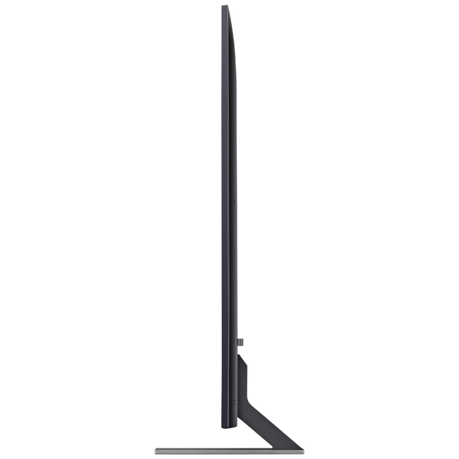 Side view of a slim television on a silver stand.