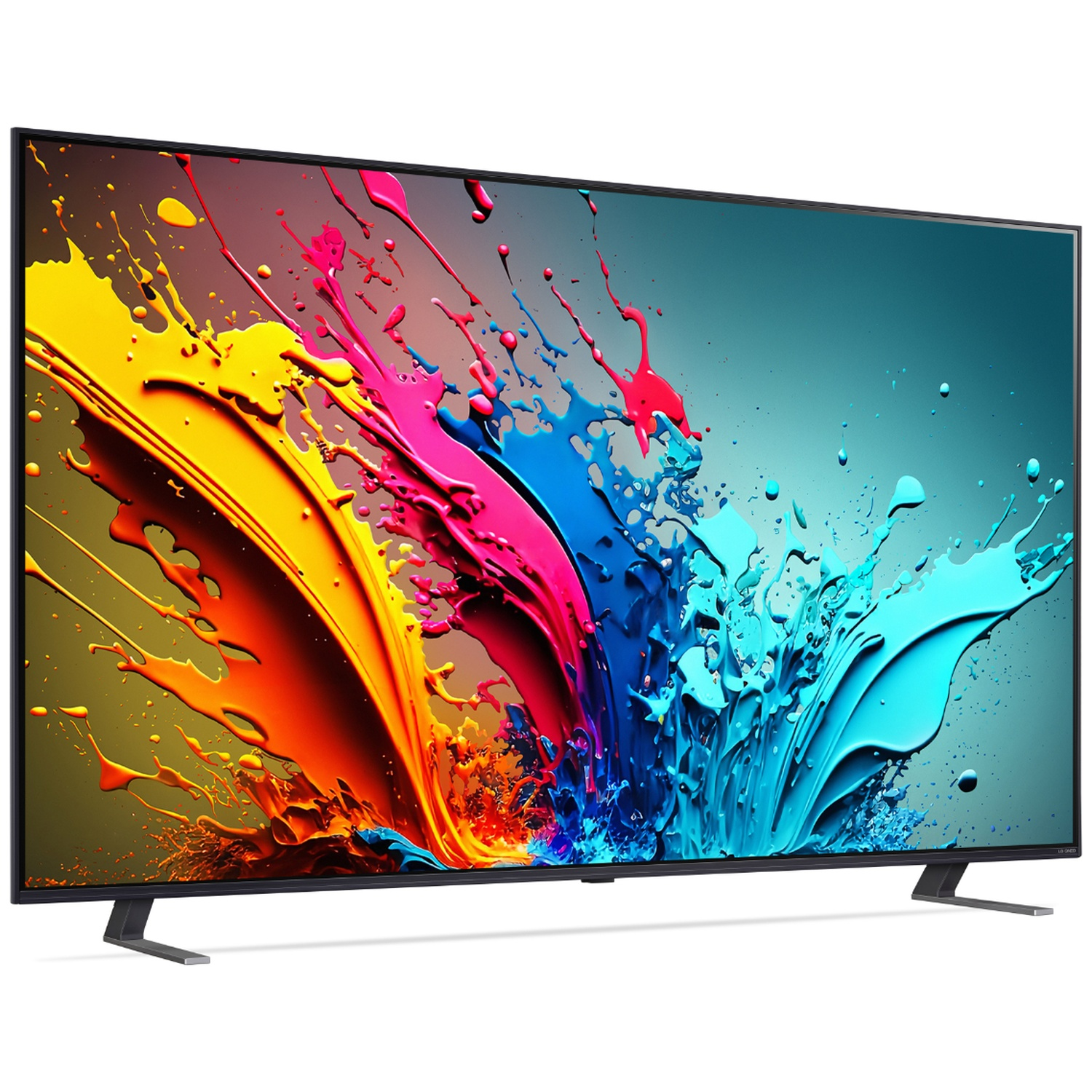 A large flat-screen TV displays a colorful splash of yellow, pink, and blue paint.