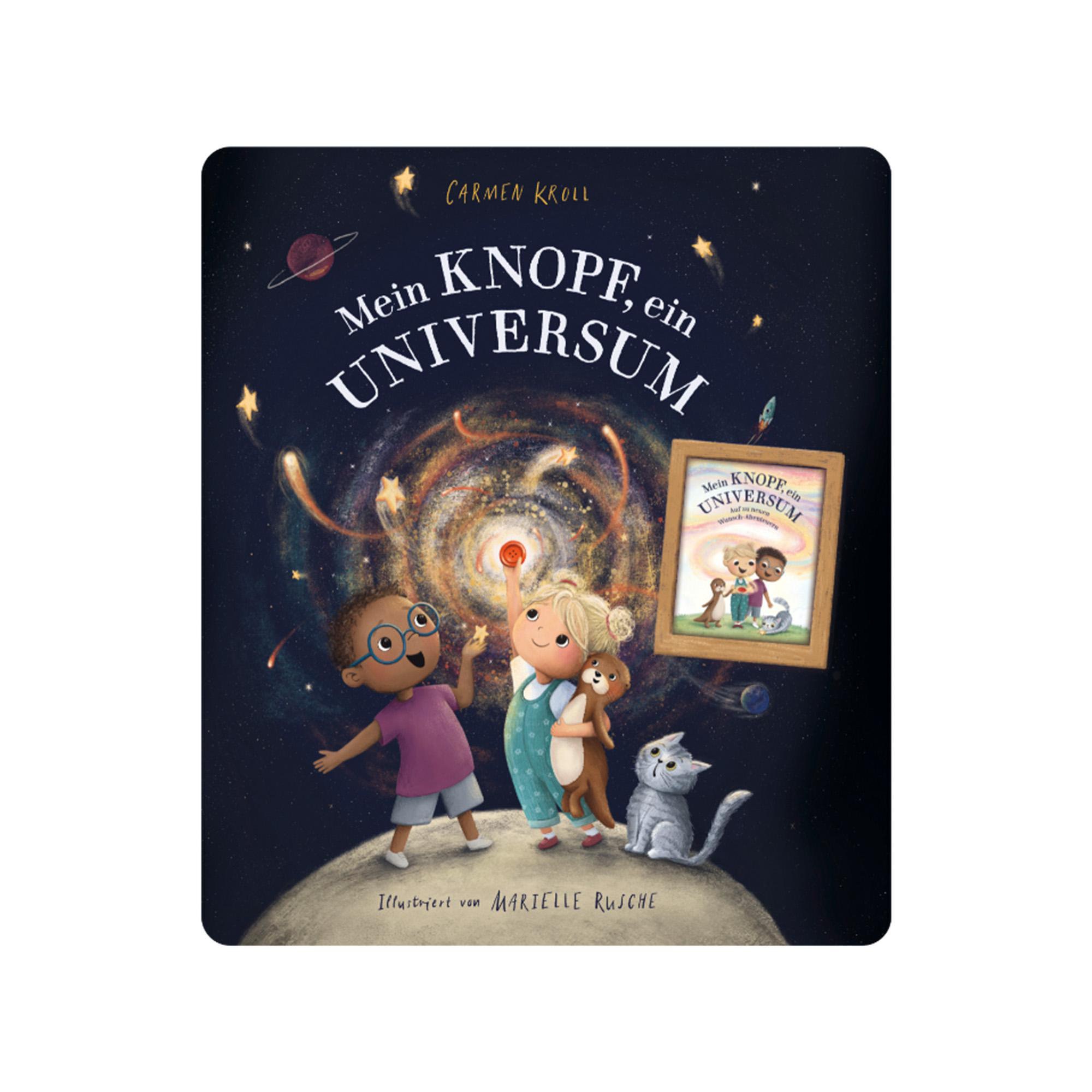 Kinder blicken auf einen Planeten in ein magisches Universum mit Sternen und Galaxien, neben einer gerahmten Illustration.