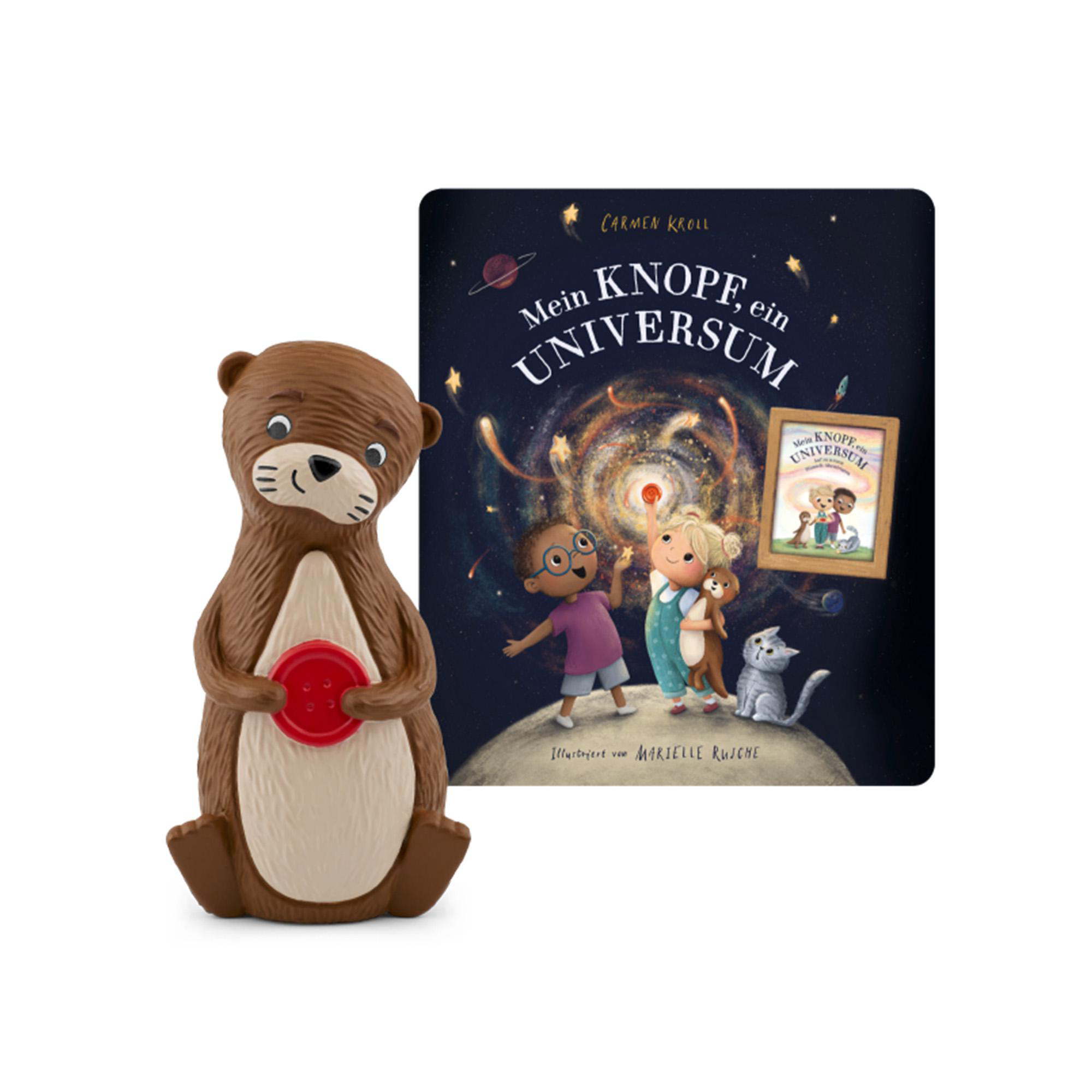 Eine braune Otterfigur hält einen roten Knopf vor einem blauen Buch mit Weltraummotiv.
