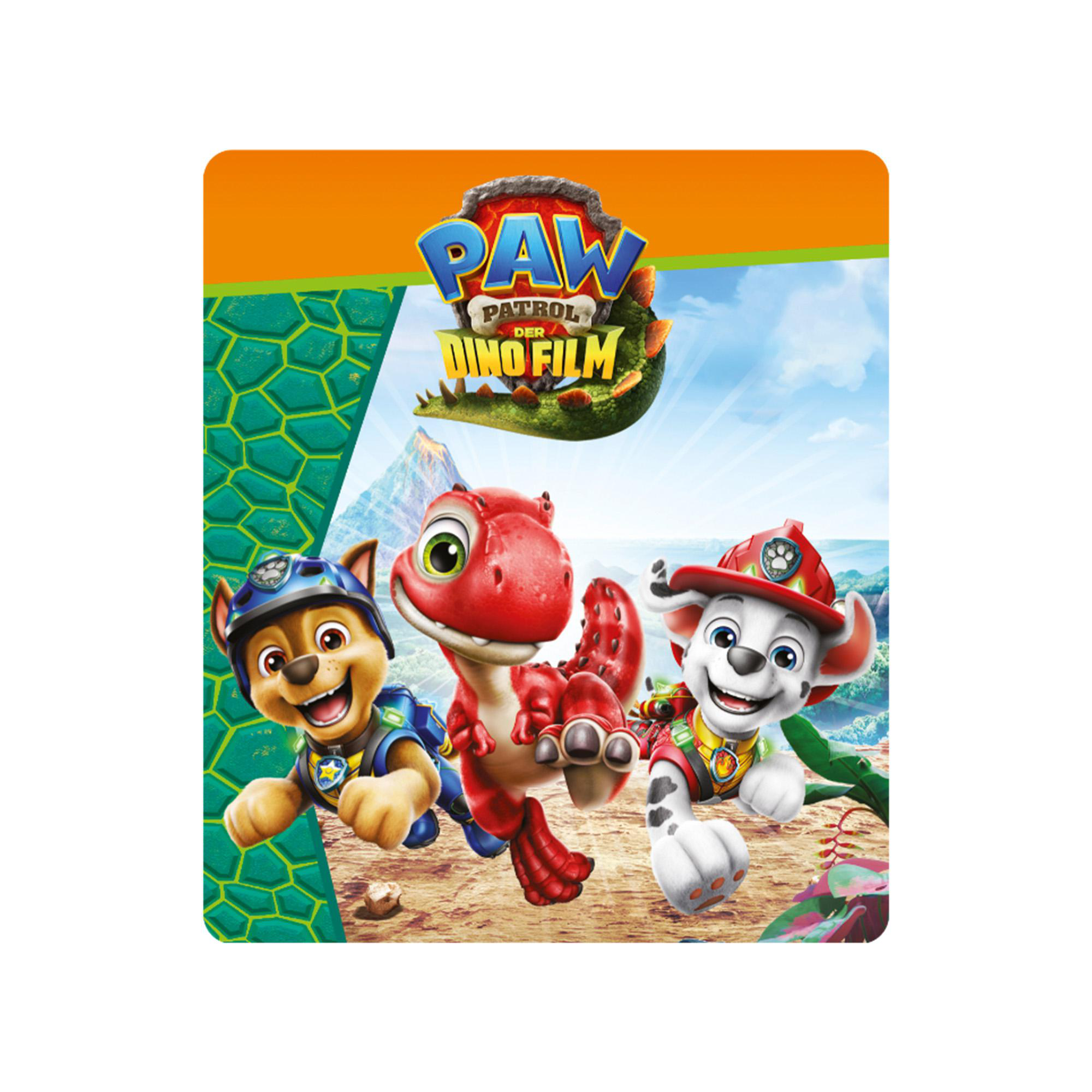 Paw Patrol Charaktere Chase und Marshall mit einem roten Dinosaurier rennen vor einem Vulkan.