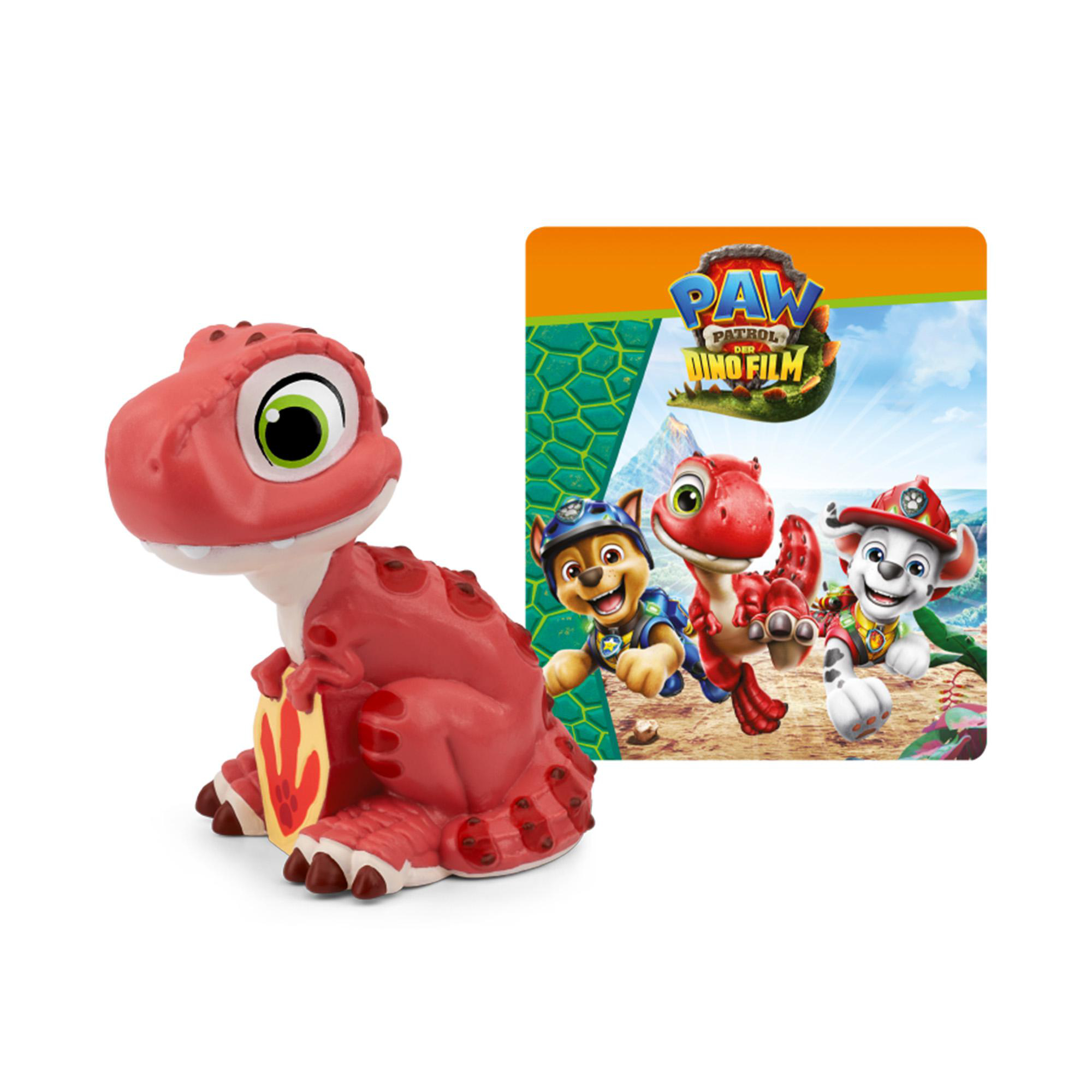 Rote Tyrannosaurus-Figur und Bild mit Paw Patrol Charakteren.