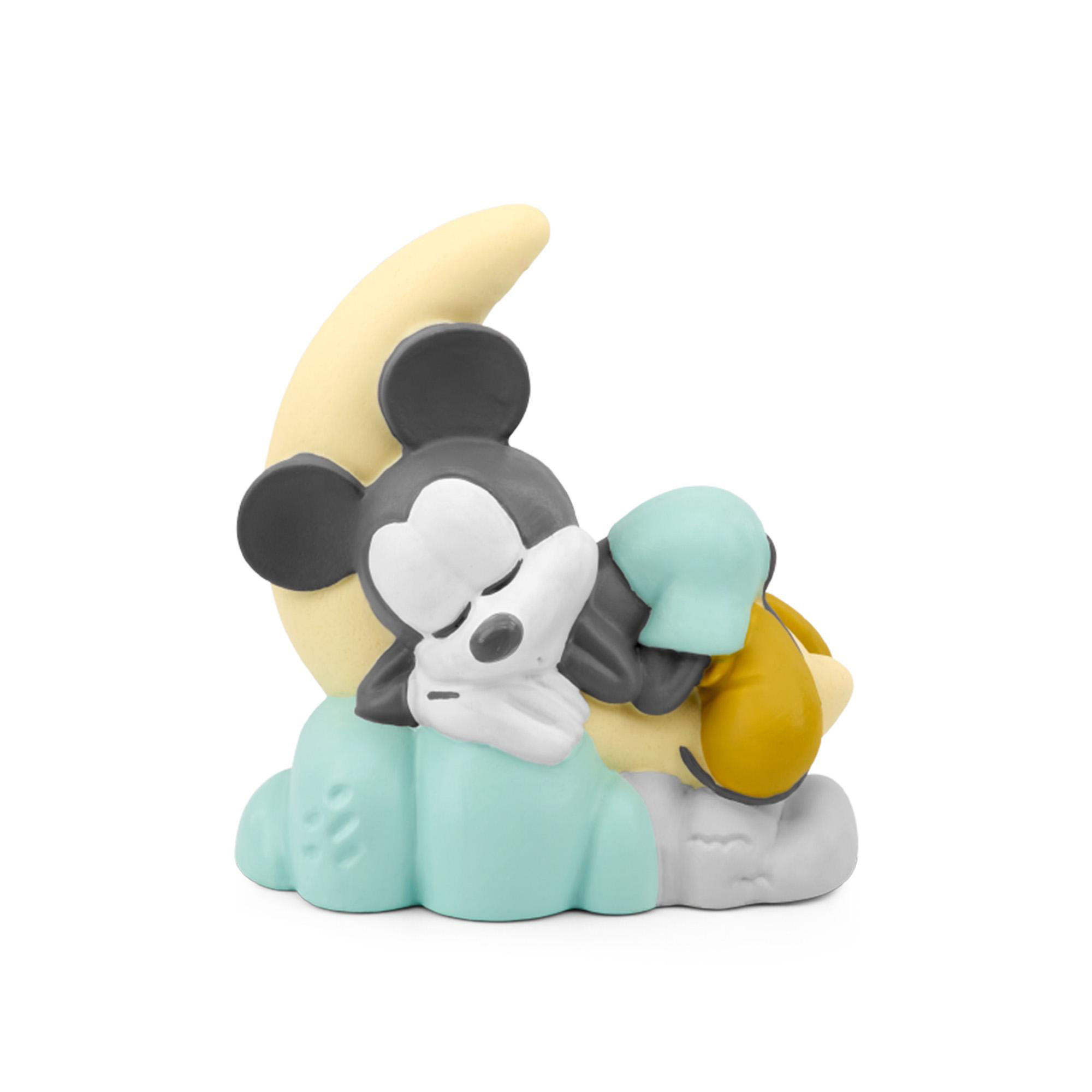 Eine graue und weiße Mickey Mouse Figur schläft auf einem gelben Mond und einer blauen Wolke.