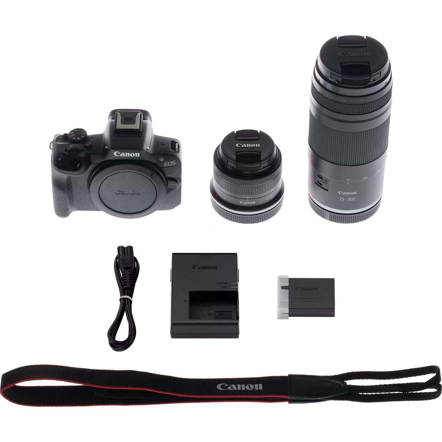 CANON EOS R50 Kit Spiegellose Systemkameras mit Objektiv 75-300 mm, 18-45 mm, 7,5 cm Display, WLAN