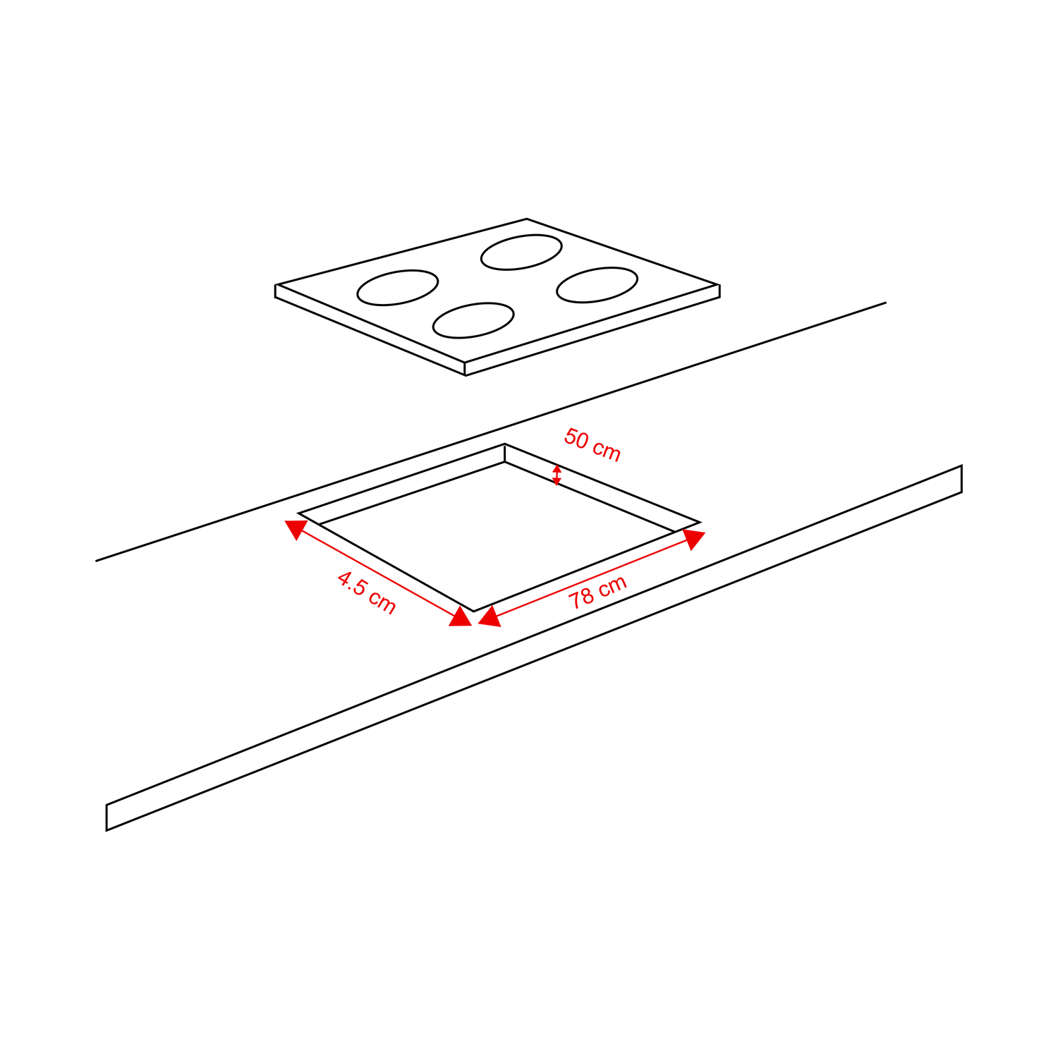 Technische tekening van een kookplaat met inbouwmaten van 78 cm, 50 cm en 4,5 cm.