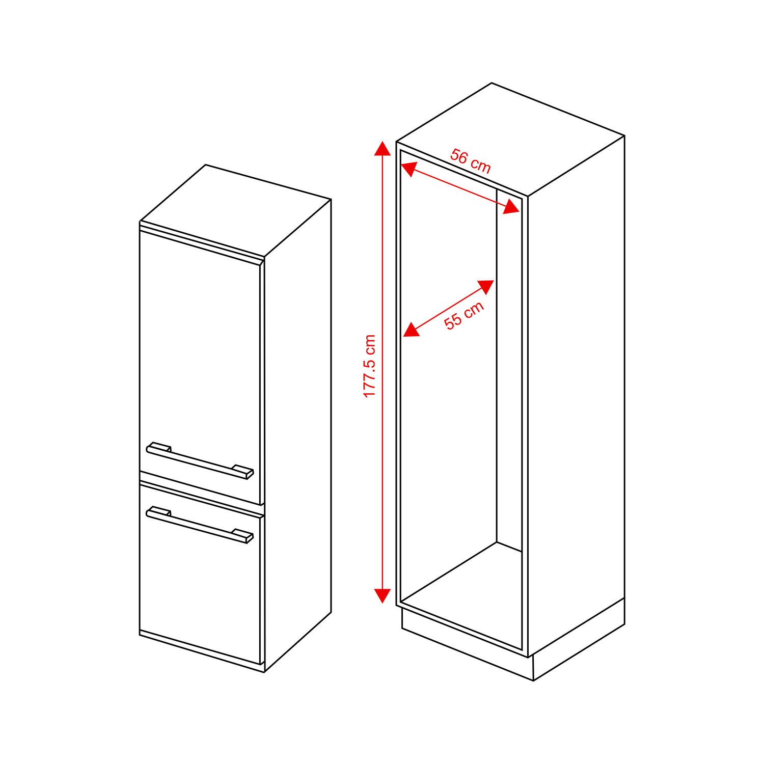 Line drawing of two cabinets with dimensions in cm.