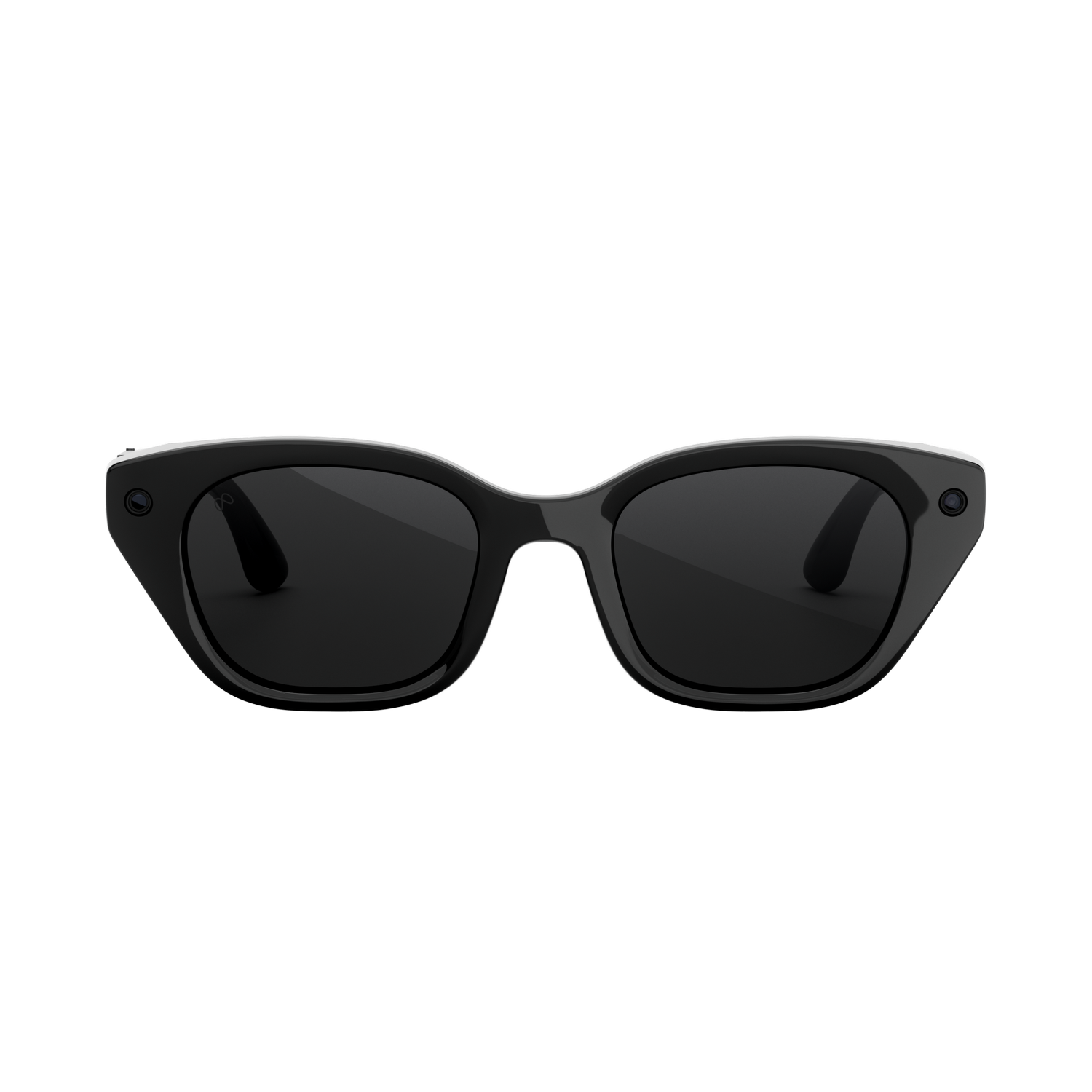 Gafas de sol negras con montura gruesa y cámaras integradas en los bordes sobre fondo blanco.