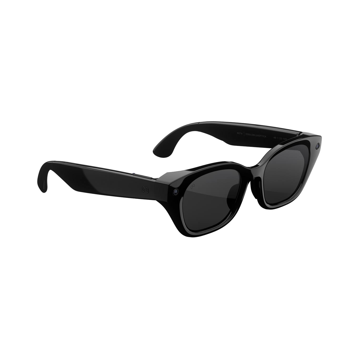 Gafas inteligentes negras brillantes con monturas gruesas y lentes oscuras sobre fondo negro.