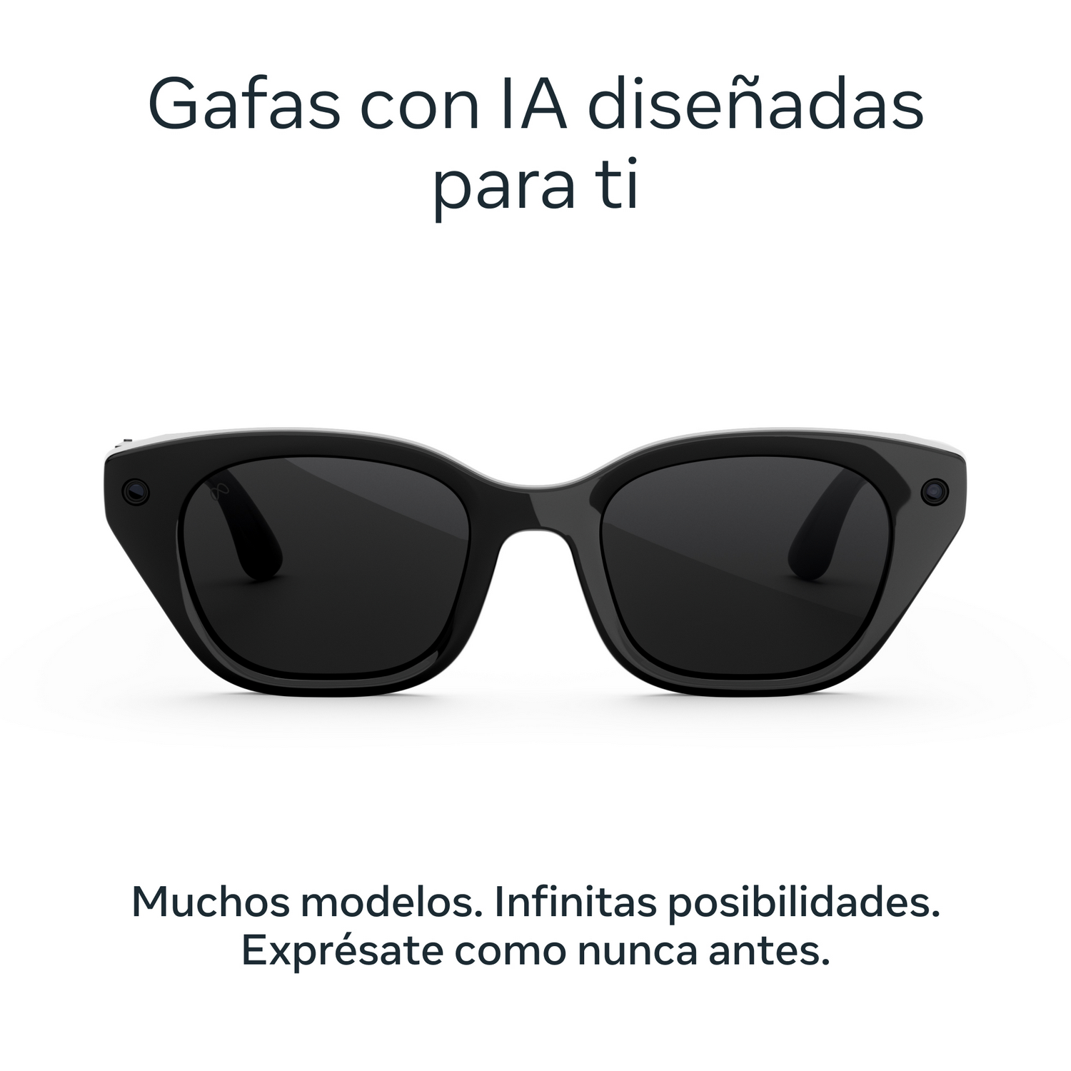Gafas de sol con IA negras sobre fondo blanco con texto publicitario en español.