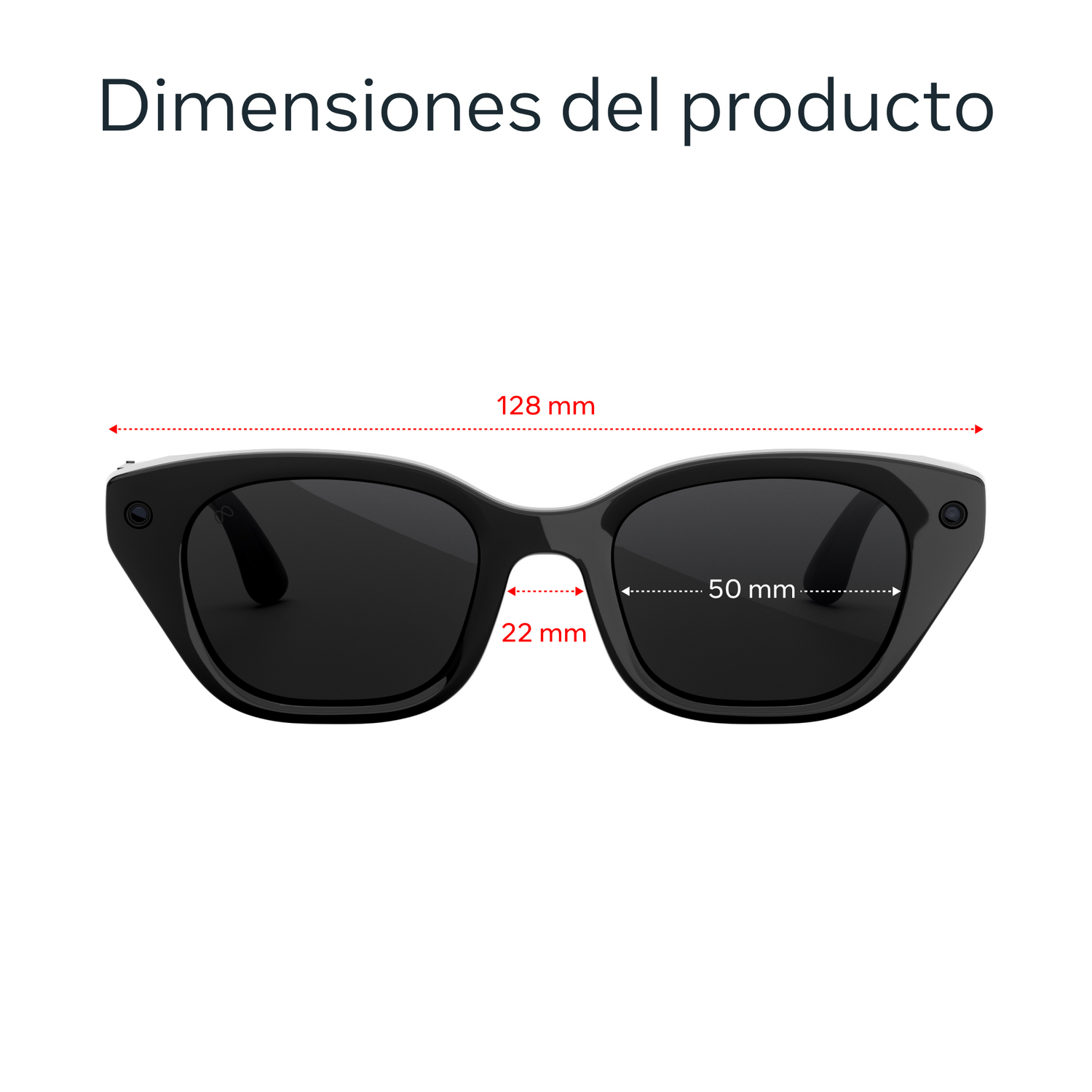 Dibujo técnico con medidas para gafas de sol negras, mostrando un ancho total de 128mm.