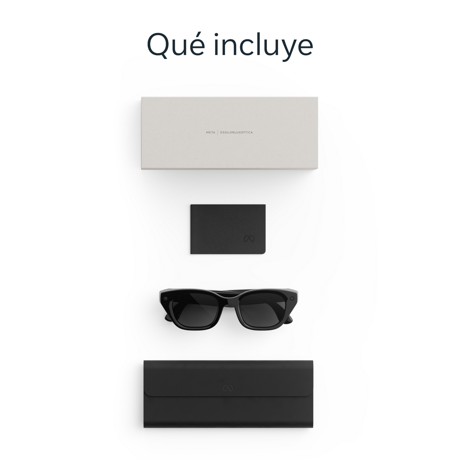 Vista superior de gafas inteligentes Meta Essilorluxottica, un estuche negro, una tarjeta y una caja blanca.