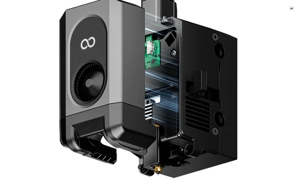 Fekete és szürke 3D nyomtató extruder részletes technikai nézete belső alkatrészekkel.