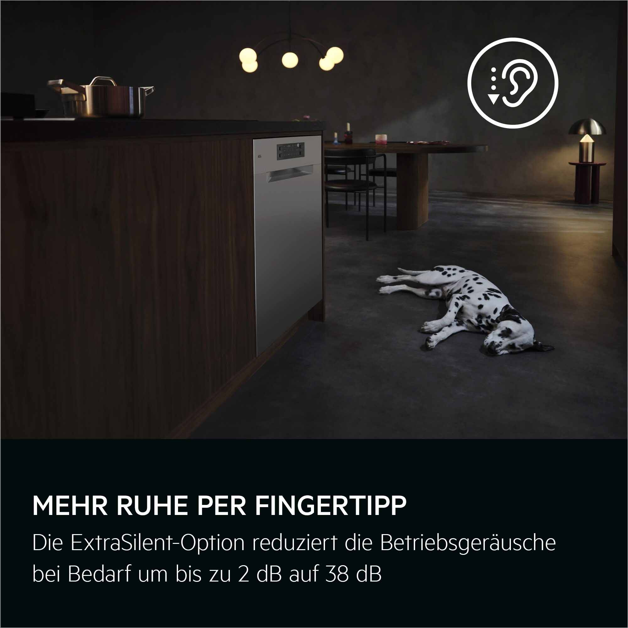 Ein Dalmatiner liegt ruhig auf dem Küchenboden neben einer leisen Spülmaschine.