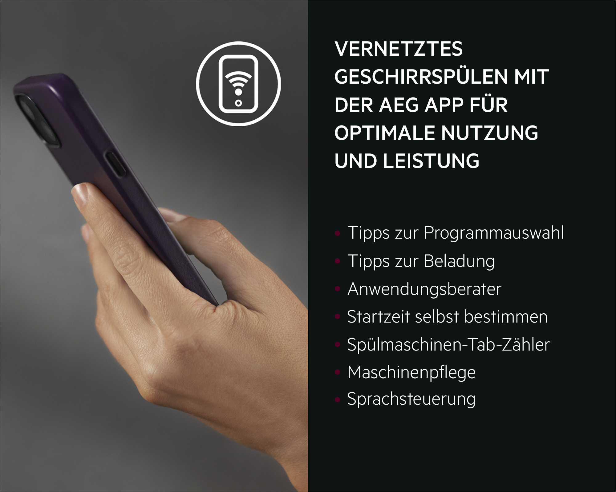 Hand hält Smartphone neben deutschem Text über vernetztes Geschirrspülen mit AEG-App.