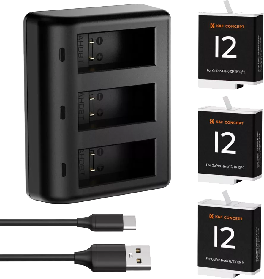 K&F hordozható tripla USB-C akkumulátor töltő +3db GoPro Hero 12/11/10/9 1730mAh