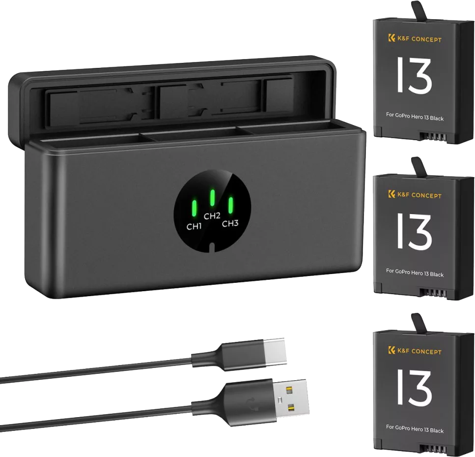 K&F hordozható tripla USB-C akkumulátor töltő, LCD +3db GoPro Hero 13 2100mAh