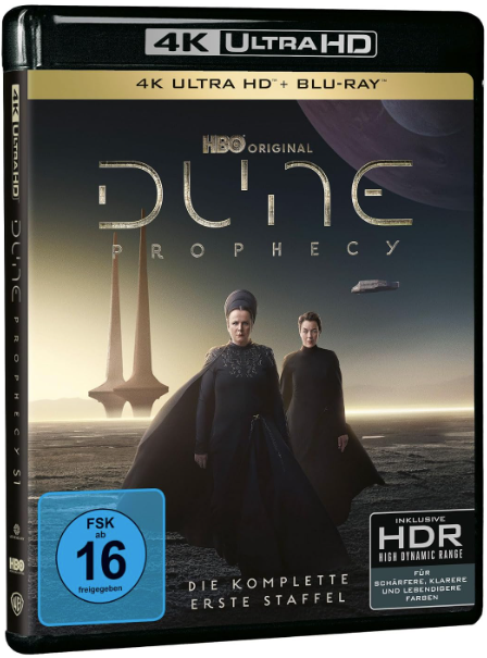 Dune: Prophecy Blu-ray Cover mit zwei Frauen in dunklen Roben vor einer kargen Landschaft.