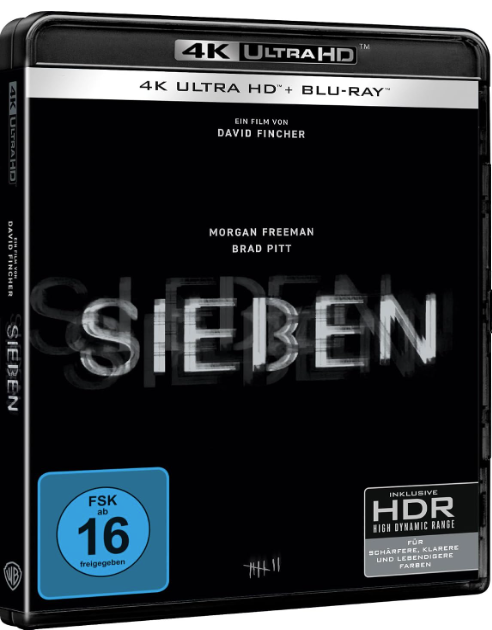 Se7en 4K Ultra HD Blu-ray Cover mit schwarzem Hintergrund, weißem Titel und FSK-16-Altersfreigabe.