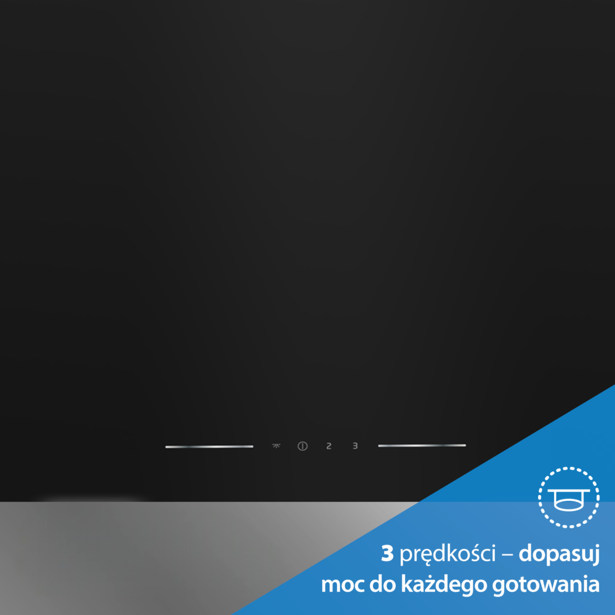 Czarny okap z panelem dotykowym i napisem 3 prędkości.