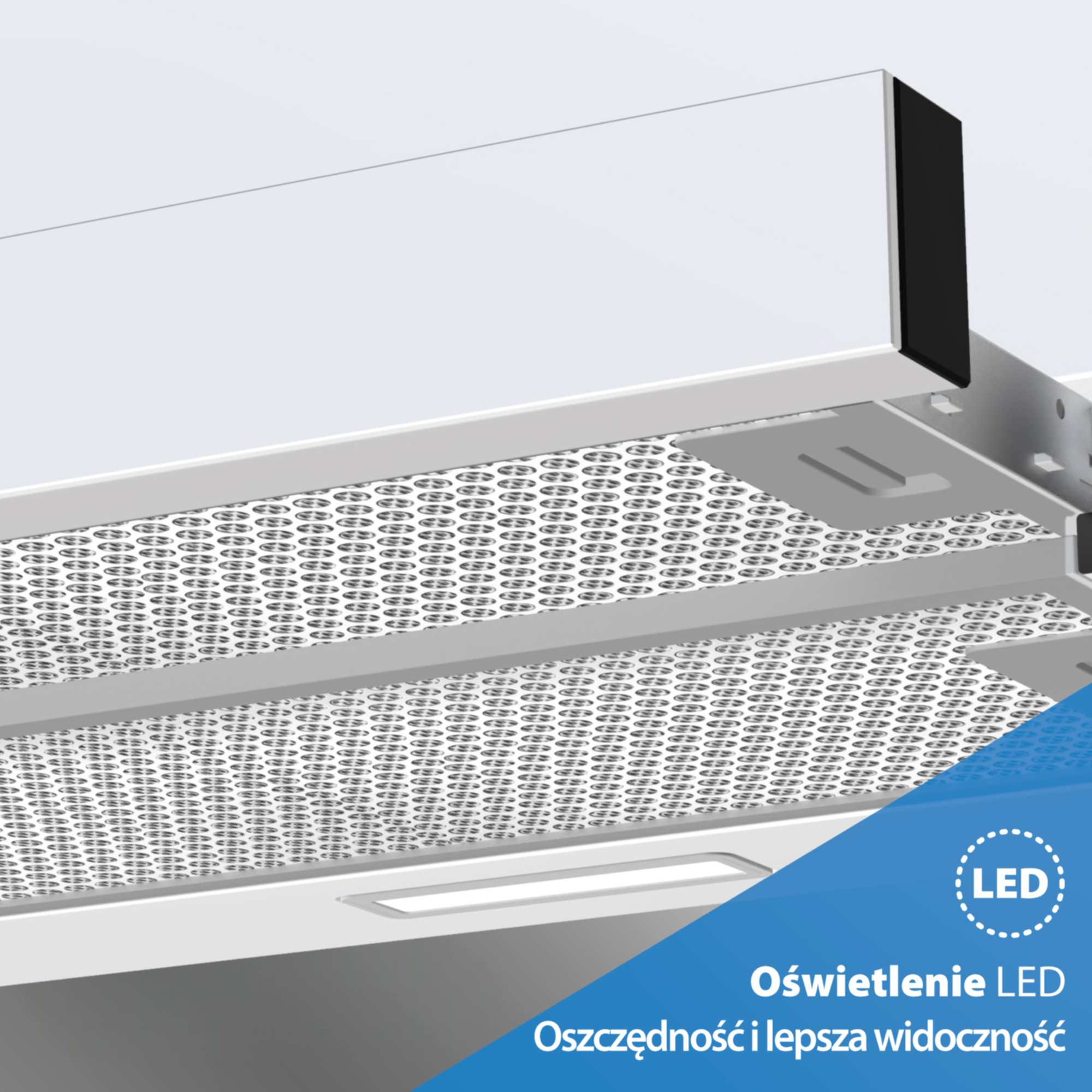 Widok od dołu okapu kuchennego z filtrem metalowym i oświetleniem LED.