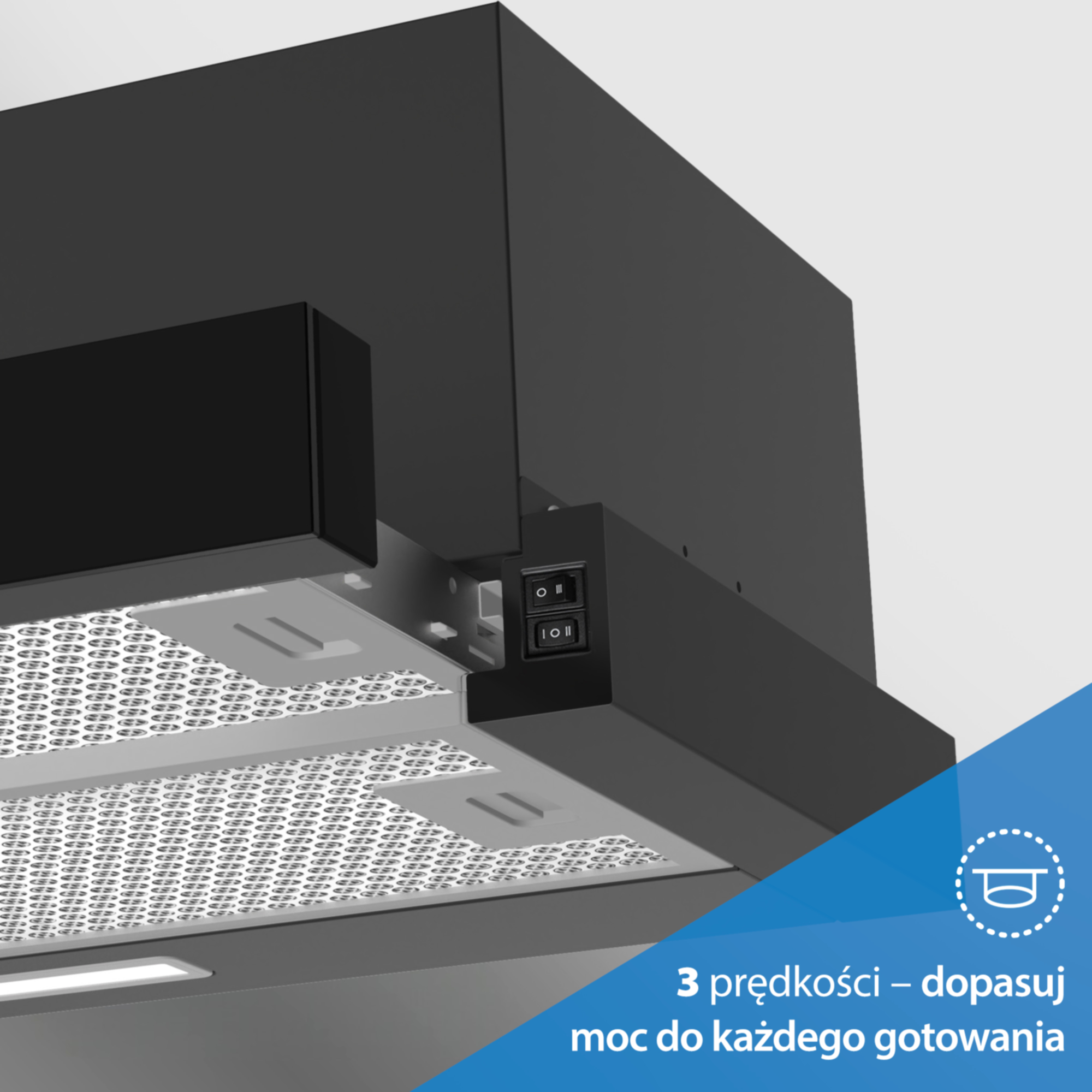 Nowoczesny czarny okap z metalowymi filtrami i dwoma przełącznikami z boku na szarym tle.