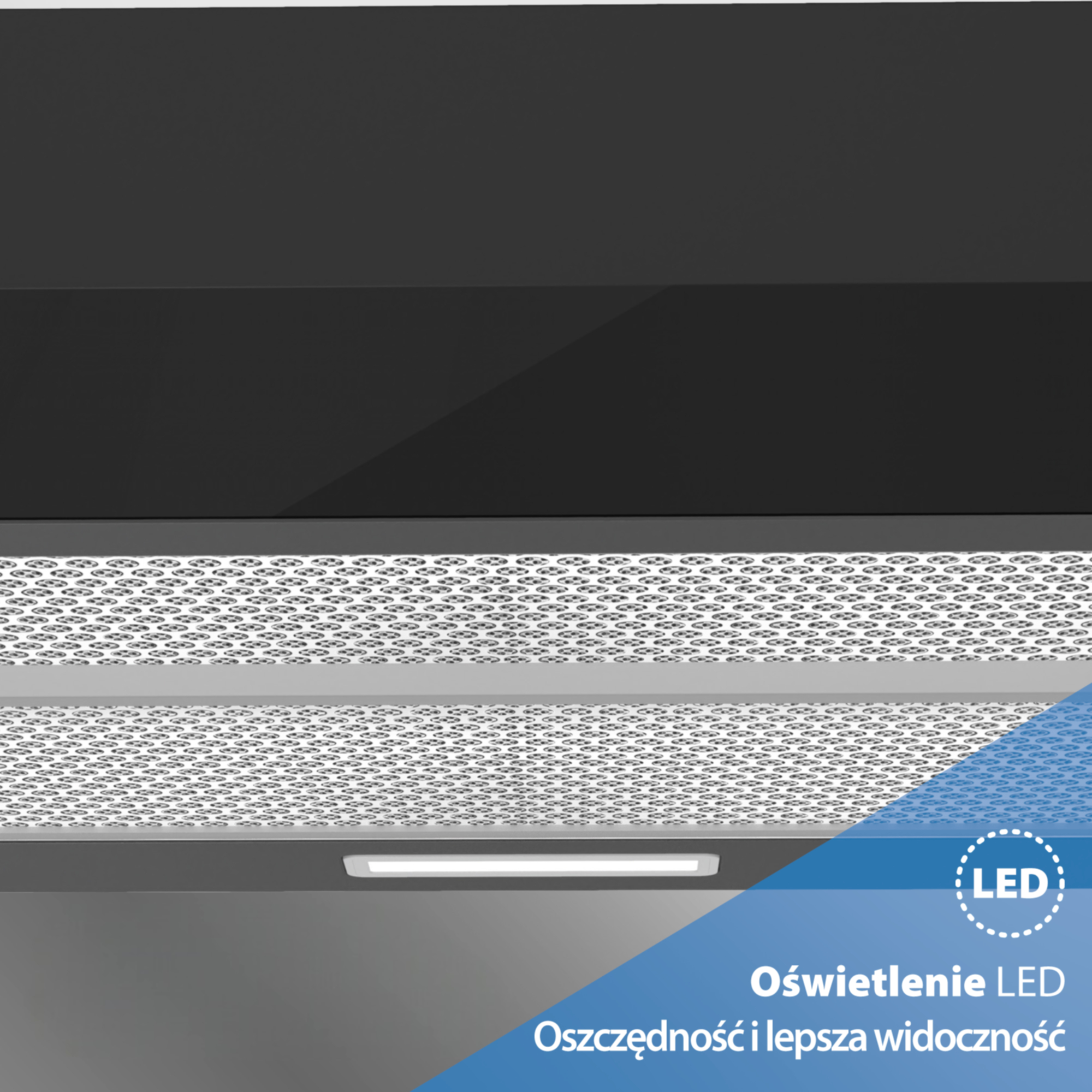 Spód okapu kuchennego z oświetleniem LED i filtrami metalowymi, w prawym dolnym rogu niebieski baner reklamowy.