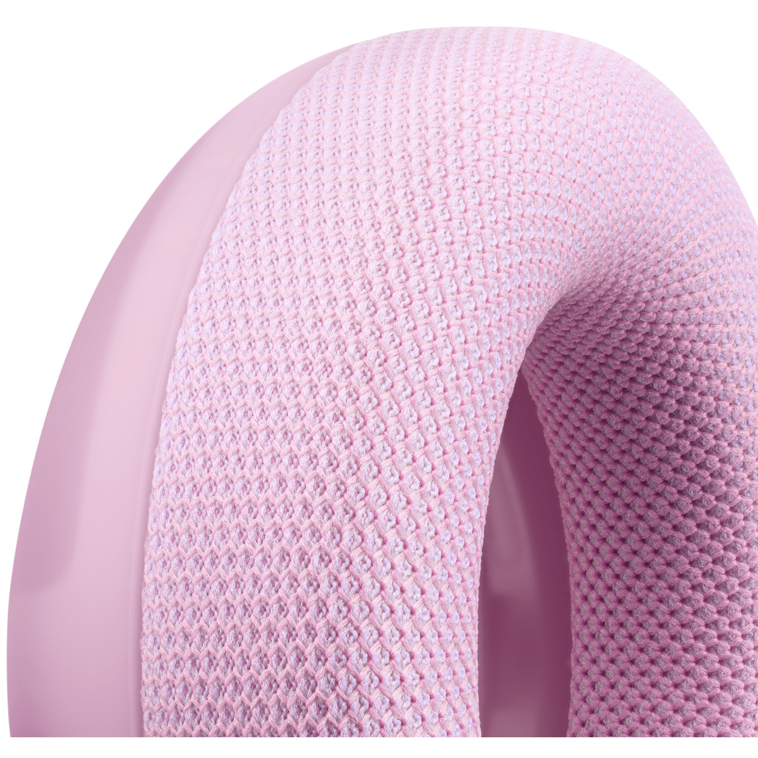 Gros plan d'un coussinet d'écouteur rose avec un revêtement en tissu.