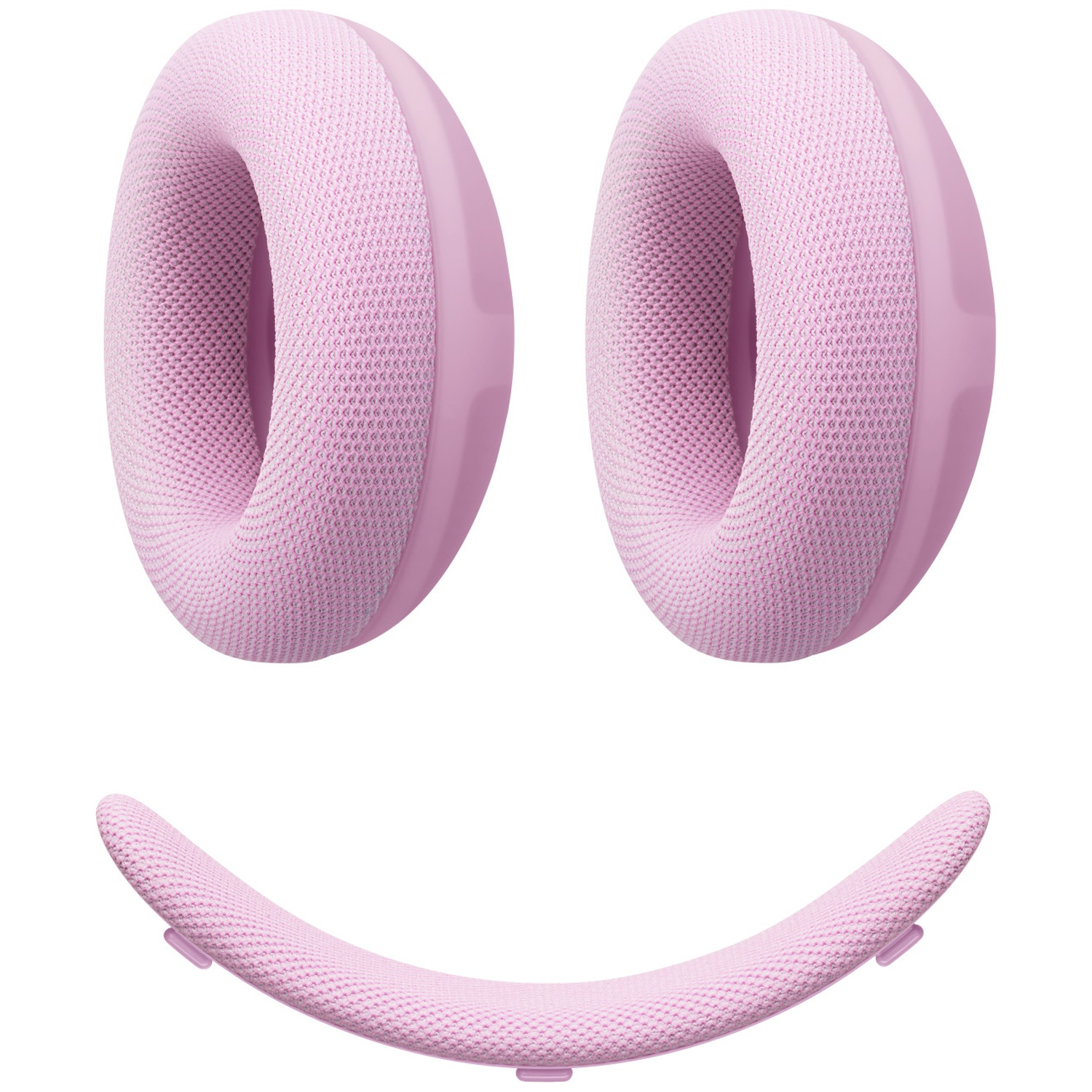 Deux coussins de casque ovales en résille rose et un coussin d'arceau incurvé rose sur fond blanc.