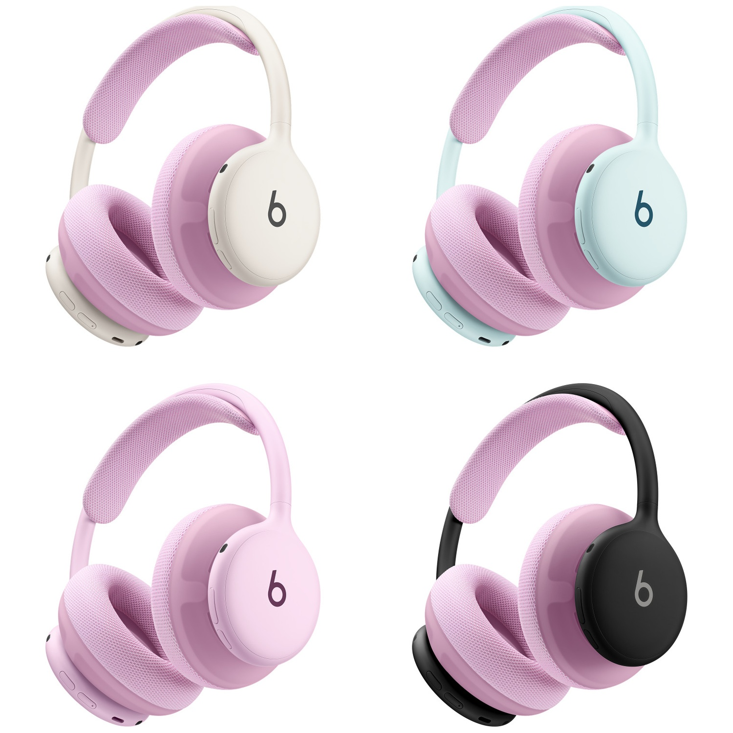 Quatre casques sans fil avec coussinets roses et arceaux blanc, bleu, rose et noir sur fond blanc.