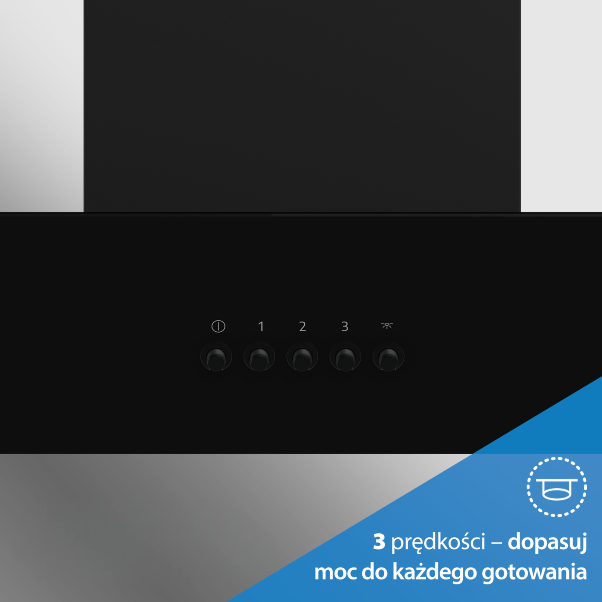 Czarny okap kuchenny z pięcioma okrągłymi przyciskami, ikonami zasilania i światła oraz niebieskim narożnikiem tekstu.