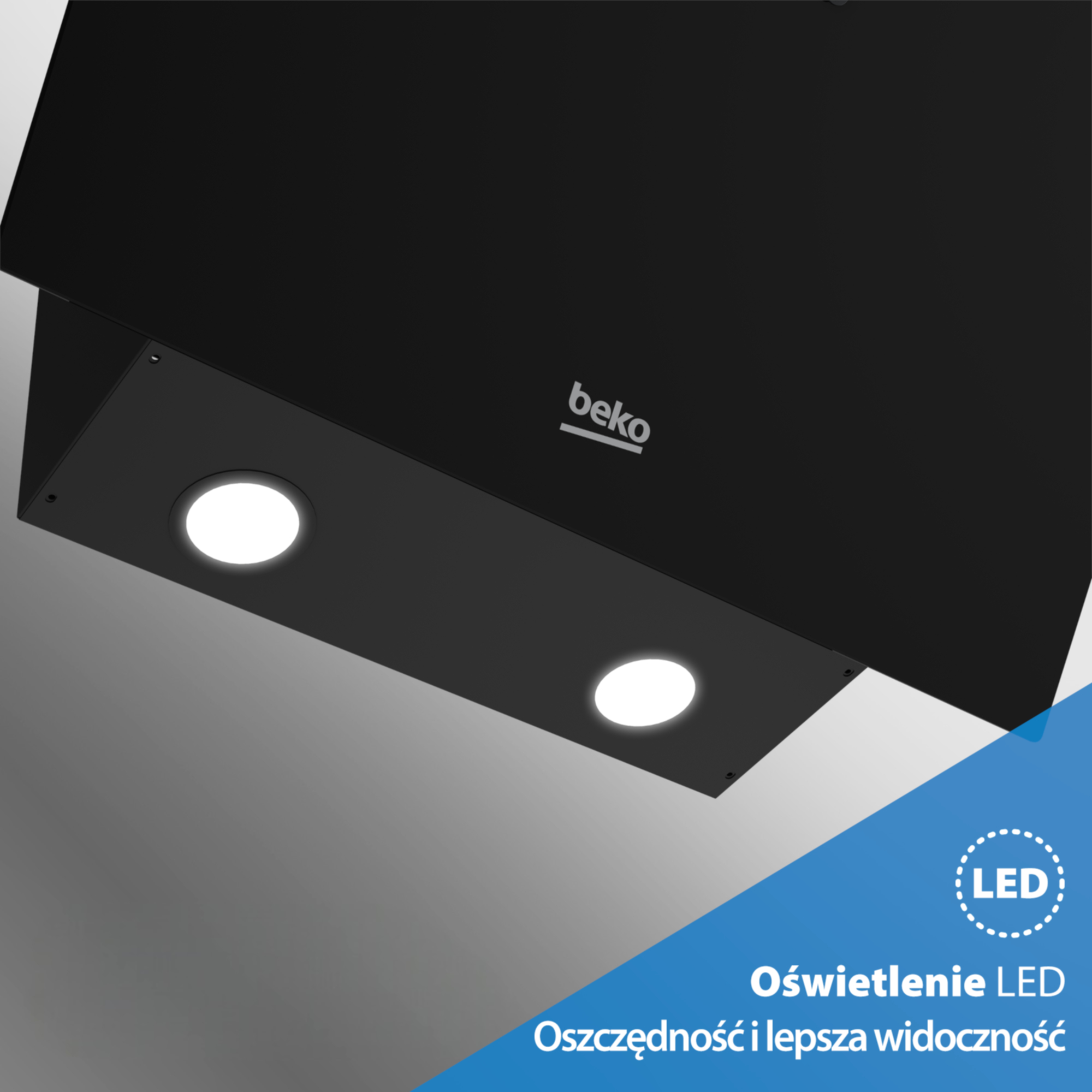 Czarny okap kuchenny Beko z dwoma świecącymi reflektorami LED i tekstem w dolnym rogu.