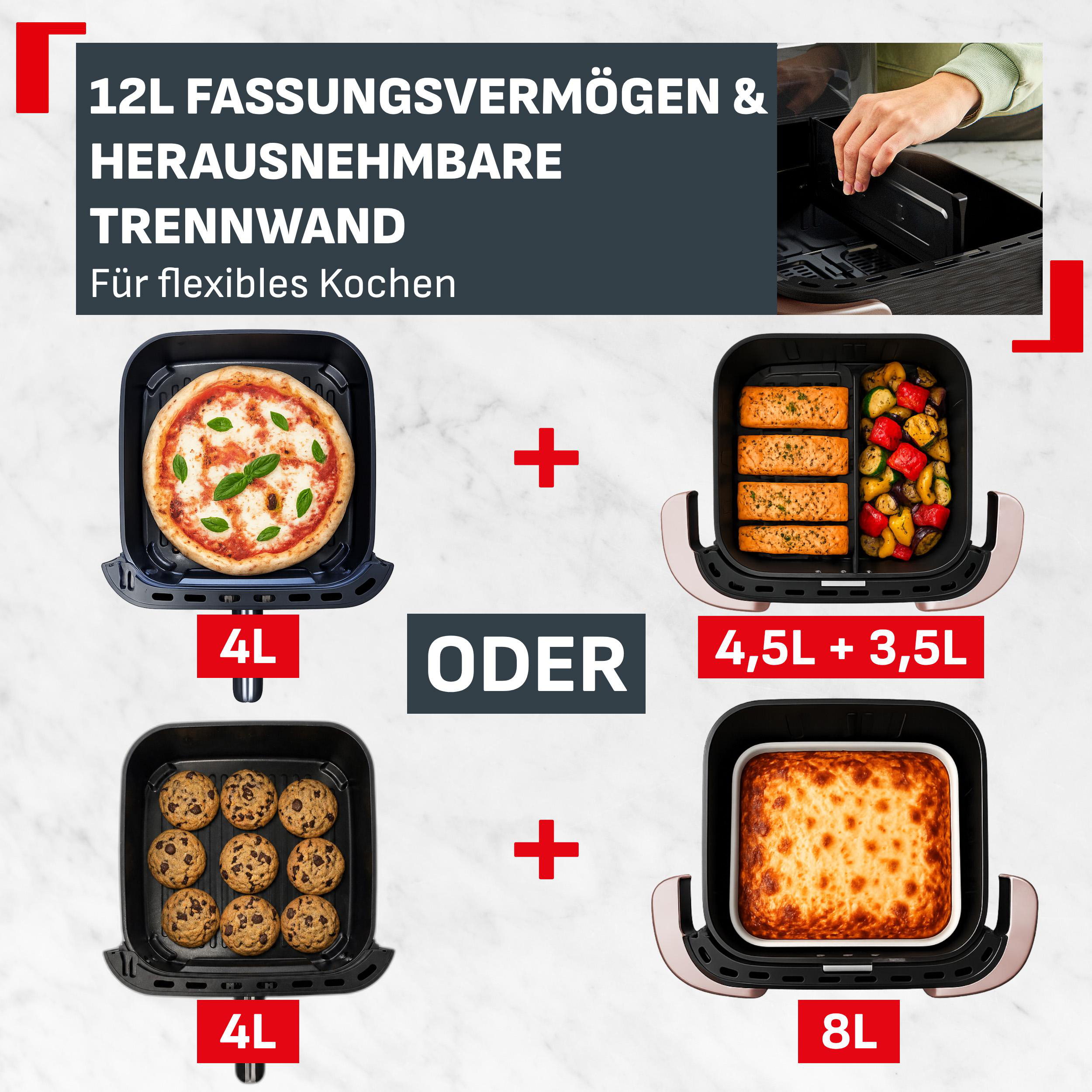 Heißluftfritteuse mit 12L Fassungsvermögen, herausnehmbarer Trennwand und verschiedenen Kochbeispielen.