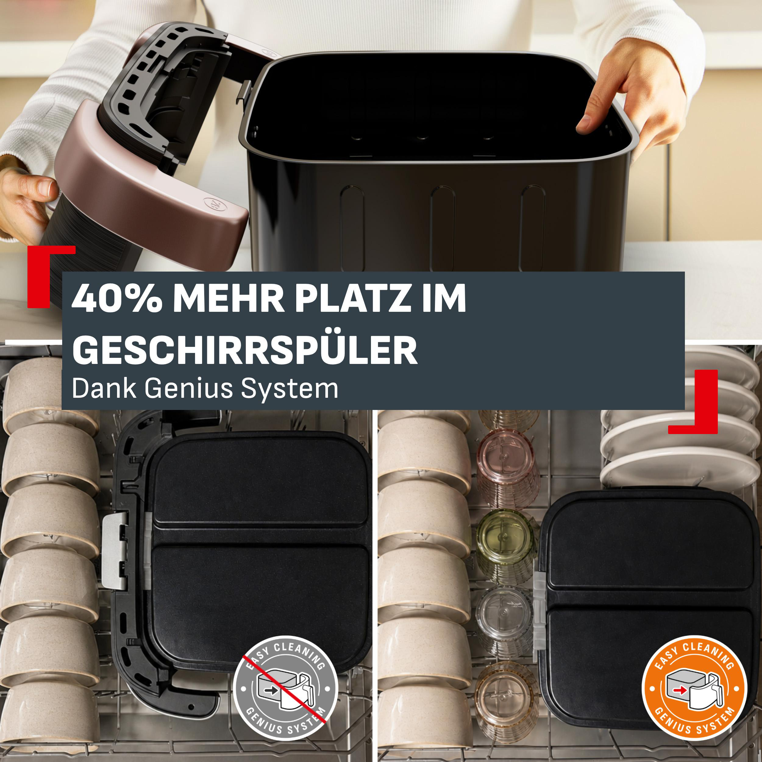 Eine Person hält einen Heißluftfritteusenkorb über eine Spülmaschine.