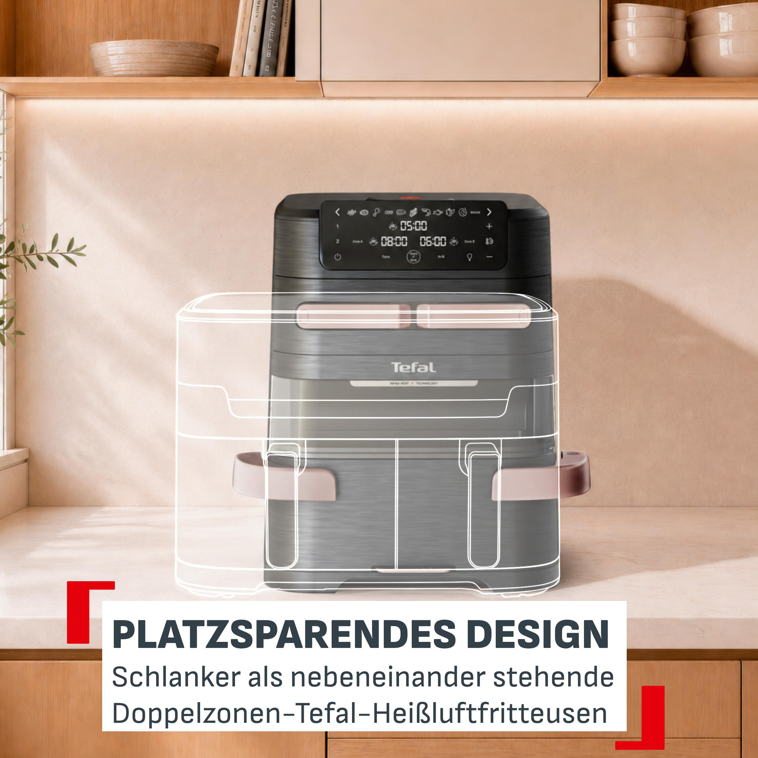 Eine schwarze Tefal Heißluftfritteuse steht auf einer Küchentheke unter Holzschränken mit einer Gitterlinien-Umrandung.