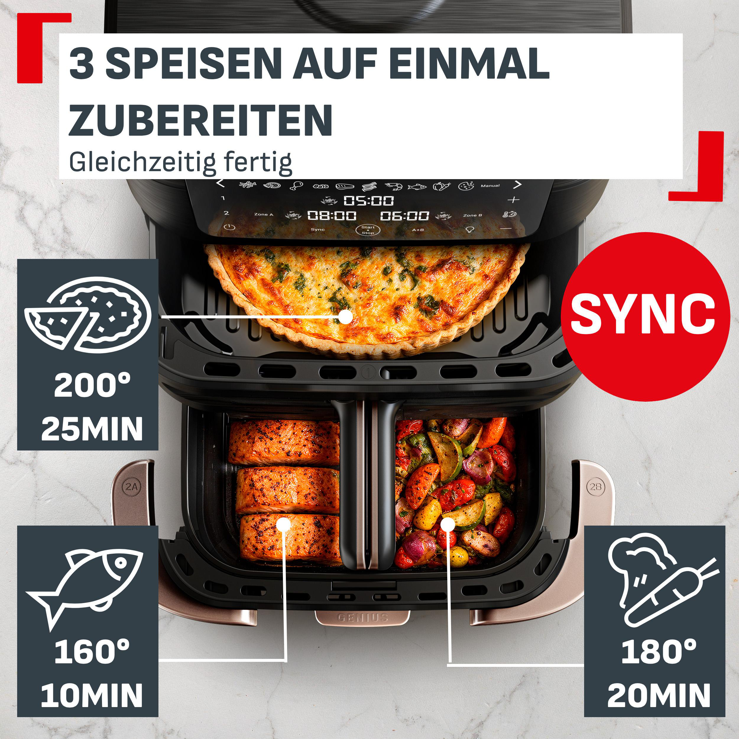 Draufsicht auf eine Heißluftfritteuse mit zwei Fächern, die Quiche, Lachs und Gemüse gart.