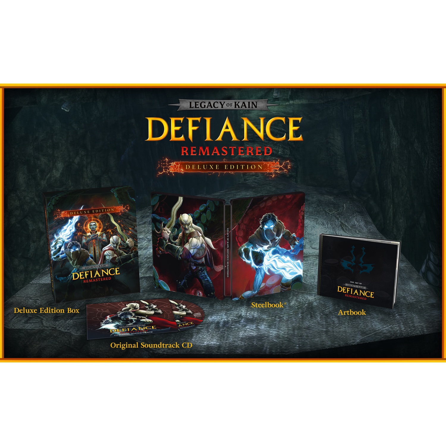 Legacy of Kain: Defiance Remastered Deluxe Edition with box, steelbook, soundtrack CD, and artbook on stone.