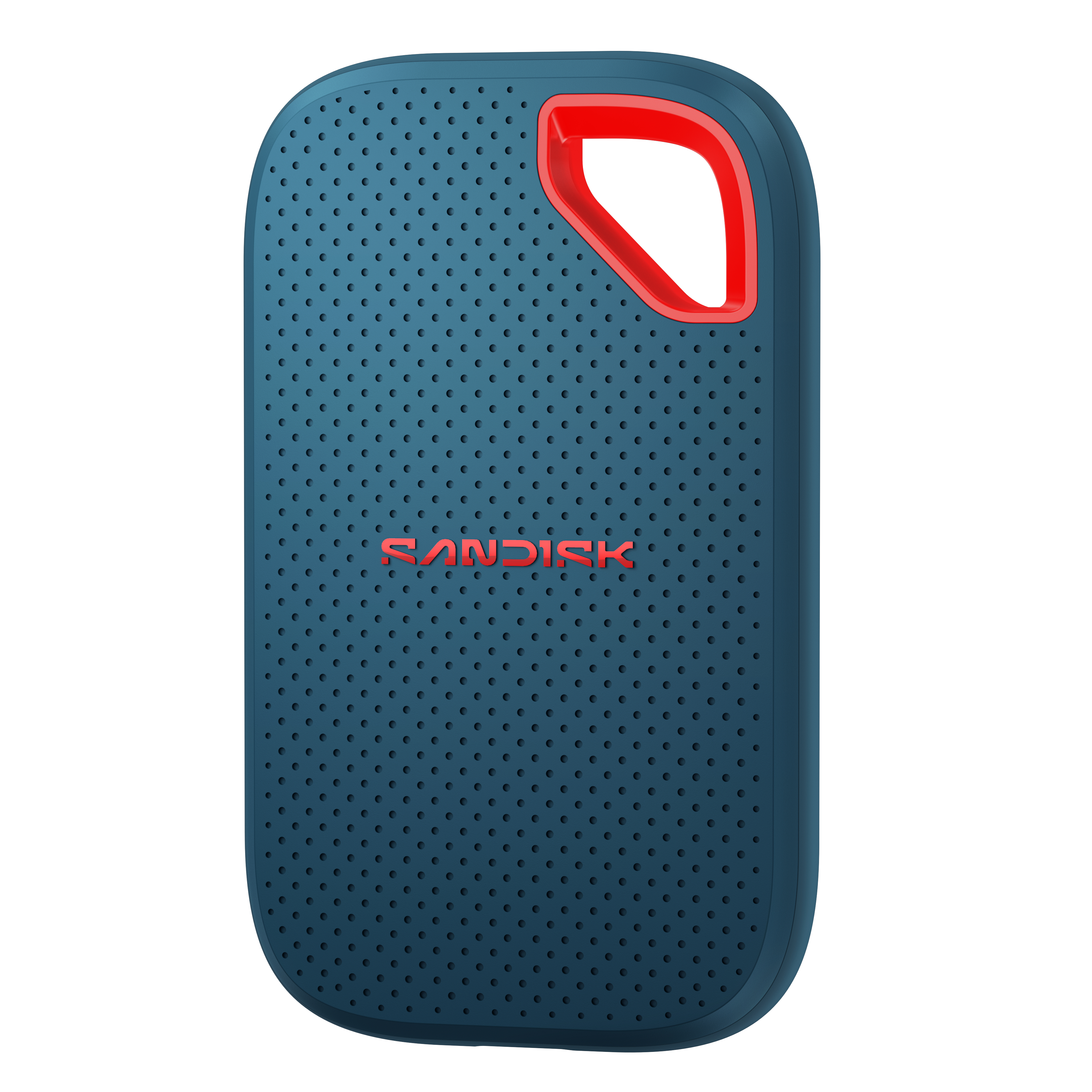 Eine blaue tragbare SanDisk-SSD mit Lochstruktur und einer roten Karabineröse in der oberen Ecke.