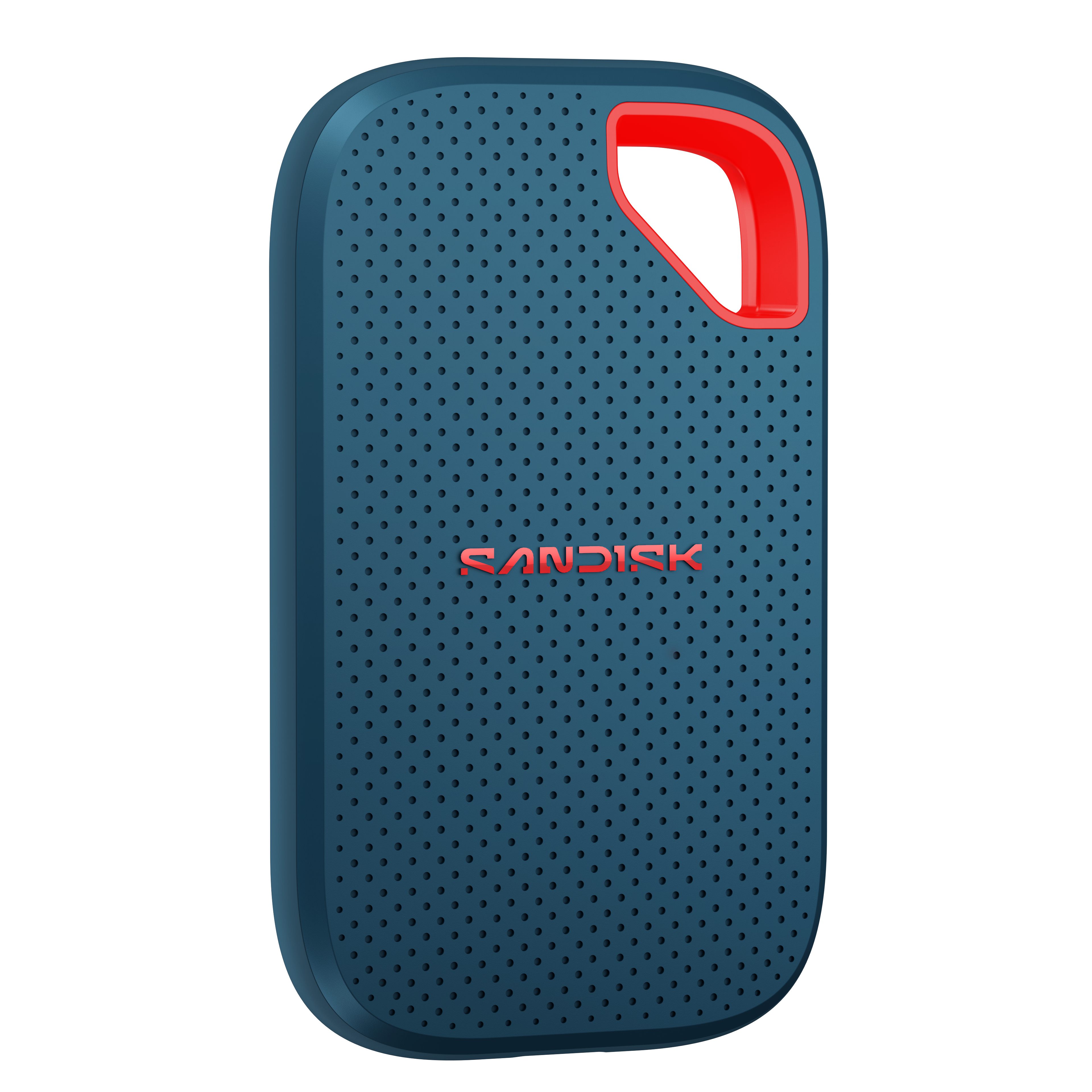 Blaue SanDisk SSD mit rotem Logo und Loch in der oberen rechten Ecke.
